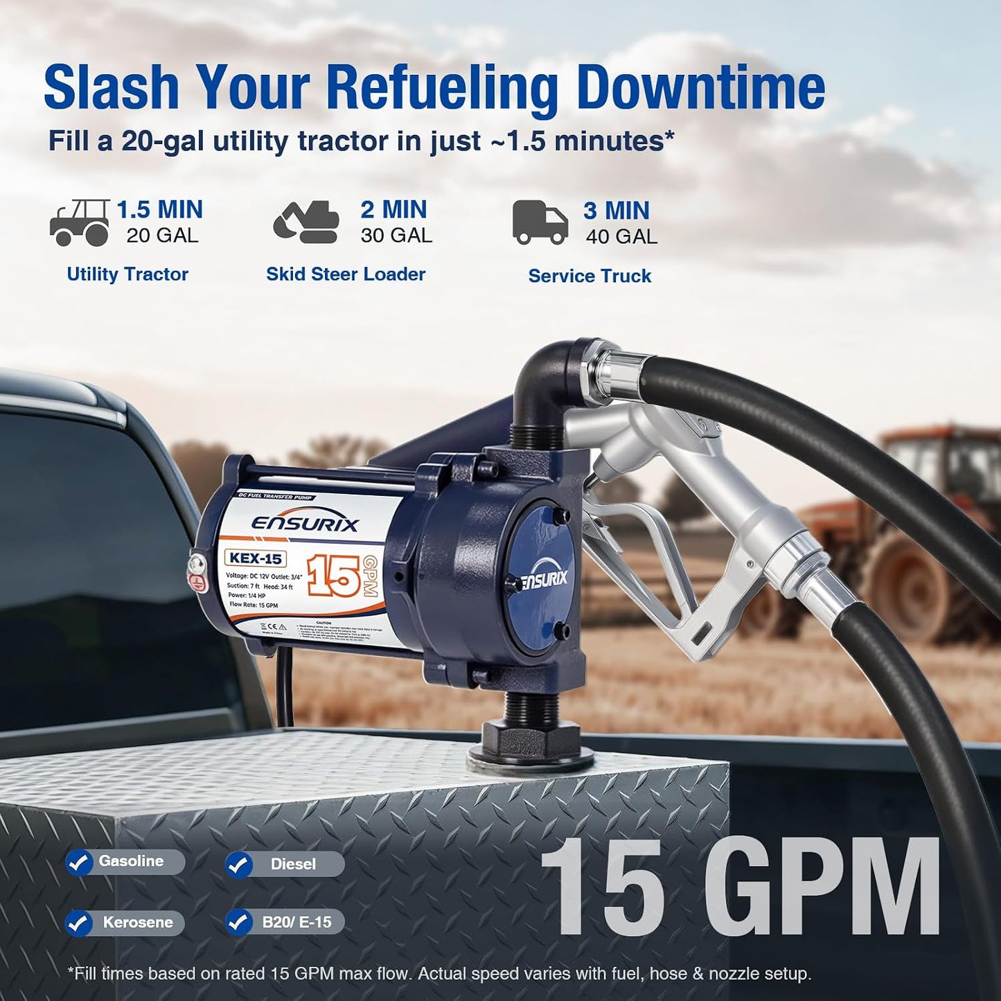 12V Fuel Transfer Pump 15 GPM, Diesel Transfer Pump 12 Volt with High Flow Manual Nozzle, Hose & Filter, Electric Gasoline Transfer Pump Kit for Fuel Tank, Gasoline, Diesel, Kerosene