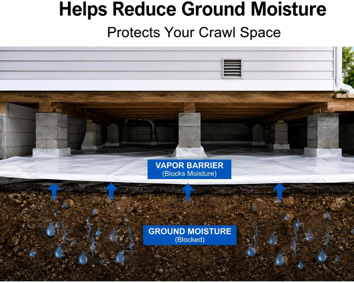 Crawl Space Vapor Barrier Kit 10 ft x 100 ft, 10 Mil Thick Plastic Sheeting with 2 in x 65 ft Sealing Tape, Black & White Poly Film for Crawlspace Encapsulation & Ground Moisture Control