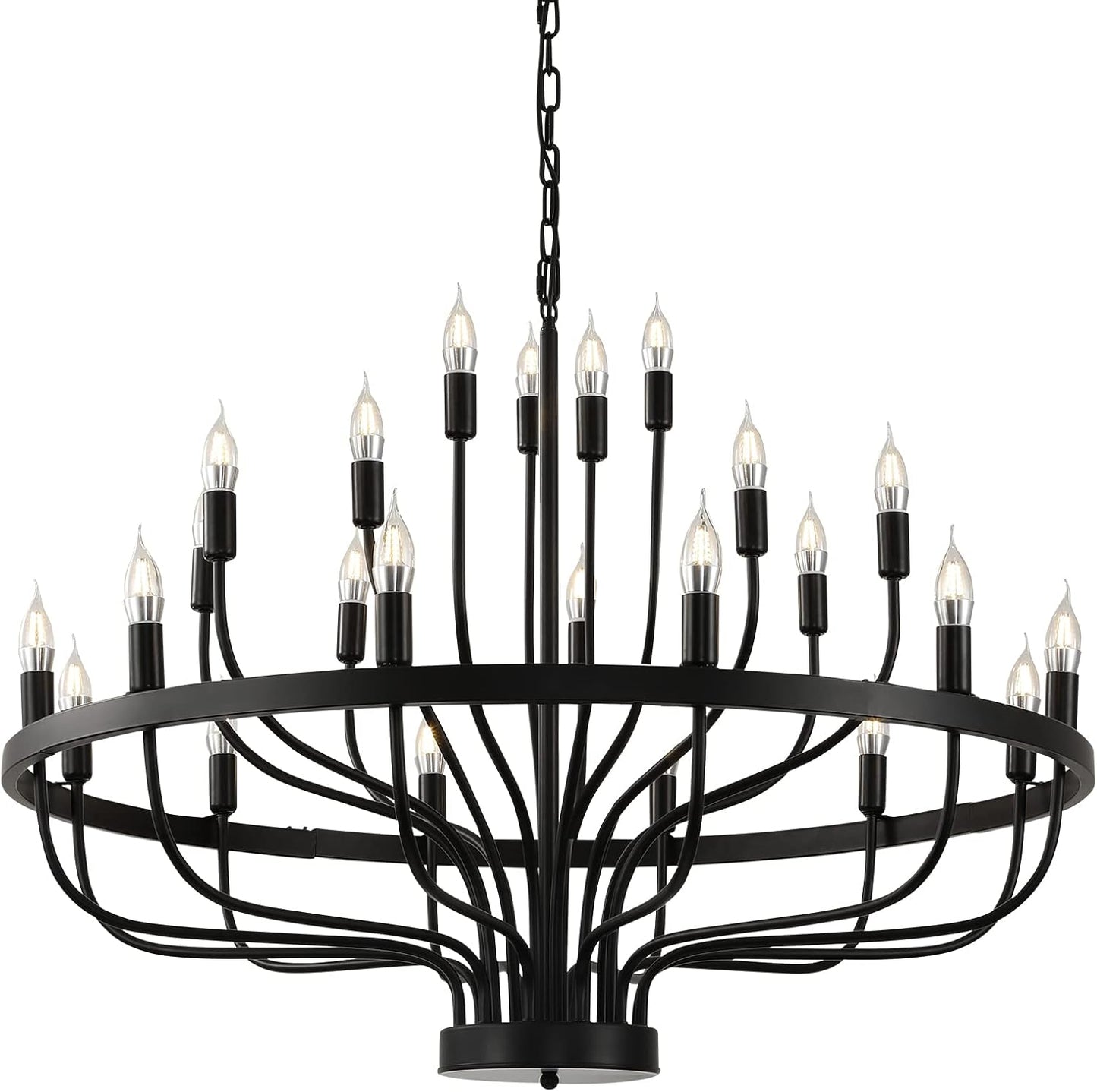 Black Chandelier 24 Light, Modern Farmhouse Chandelier for Dining Room, Round Industrial Candle Chandeliers Light, Wagon Wheel Chandelier 39in 3-Tier