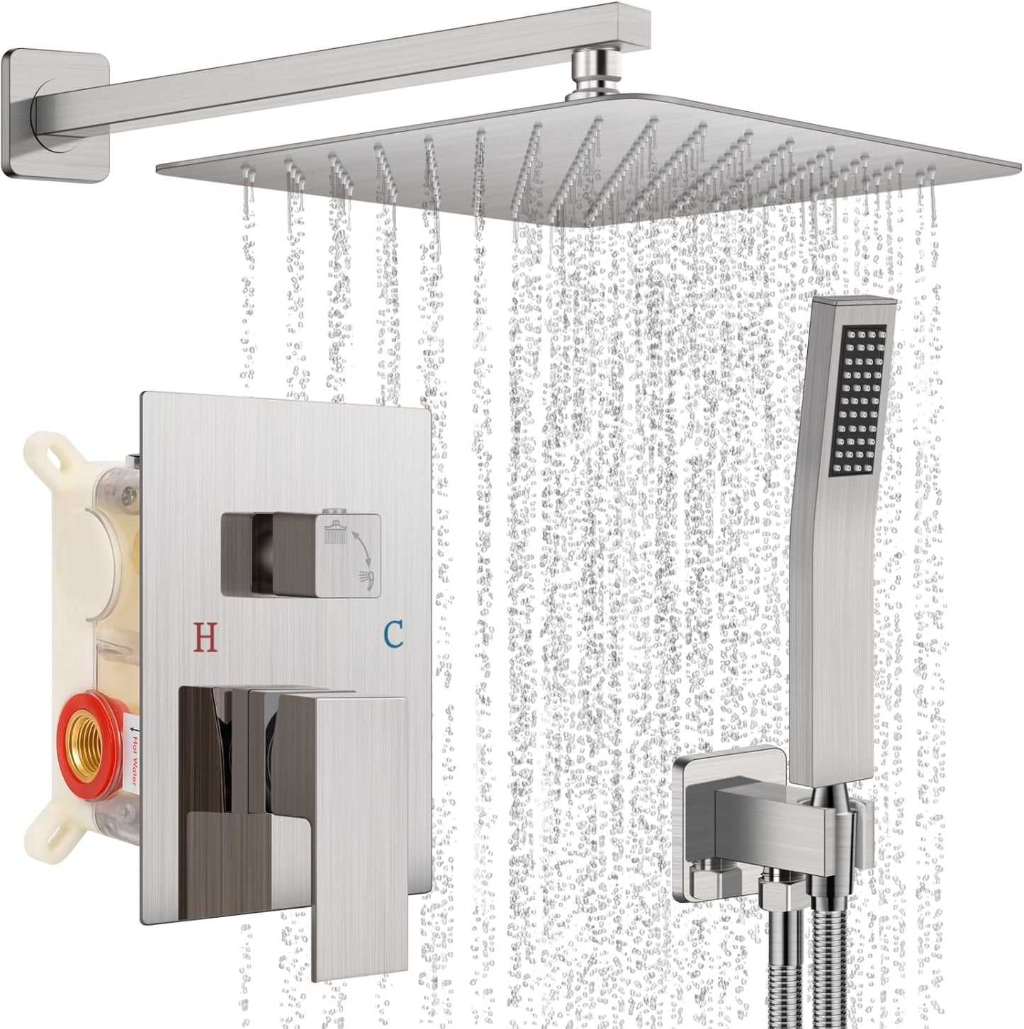 Baetuy 12 Inch Shower Faucet Set, Rainfall Shower System with High Pressure Handheld Shower Head and Square Fixed Shower Head,Spray Wall Mounted