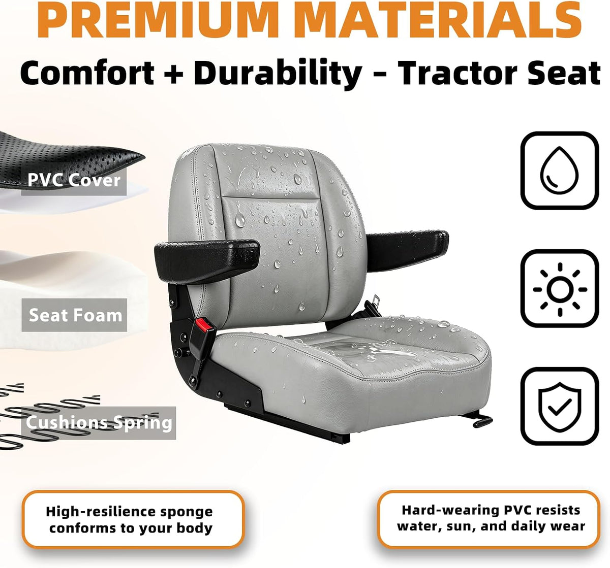 Universal Grey Tractor Seat Comfortable Lawn Mower Seat with Safety Feature Gray