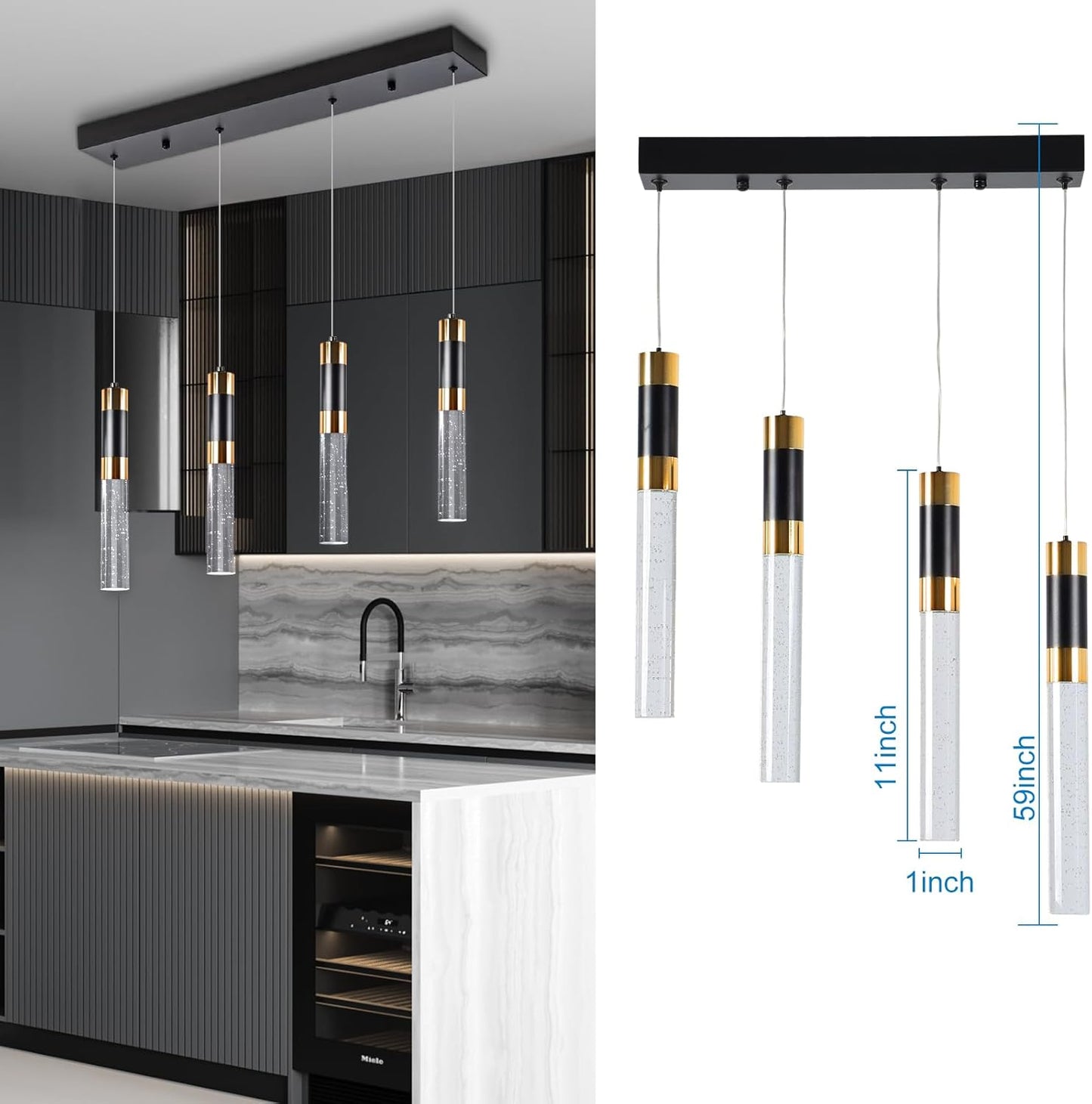 ELEKICO Modern Crystal Led Pendant Lights with 4-Light, Black and Gold Pendant Light Fixtures, Cylindrical Pendant Lighting for Kitchen Island,