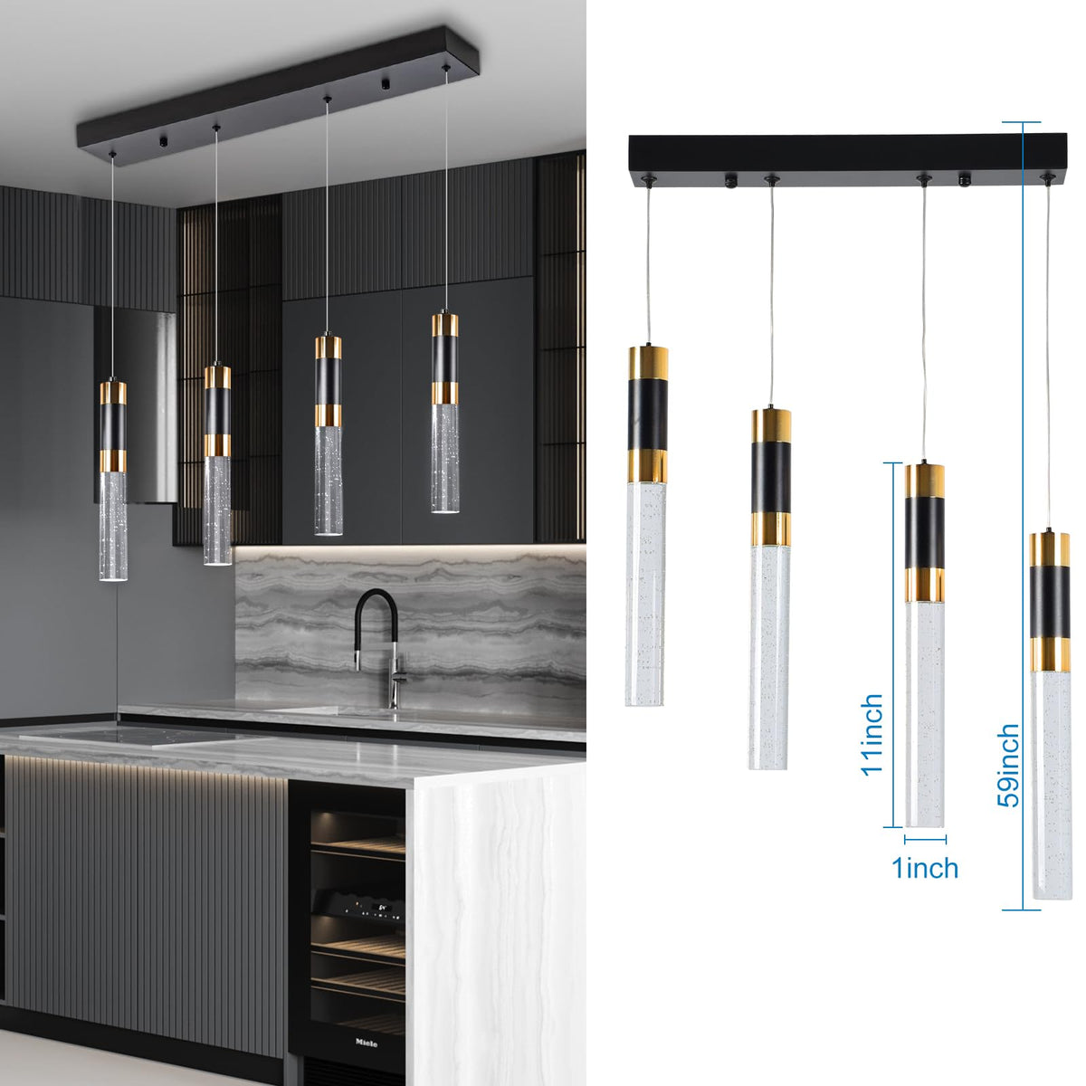 ELEKICO Modern Crystal Led Pendant Lights with 4-Light, Black and Gold Pendant Light Fixtures, Cylindrical Pendant Lighting for Kitchen Island, Kitchen Hanging Lights Over Island, C-PL-4