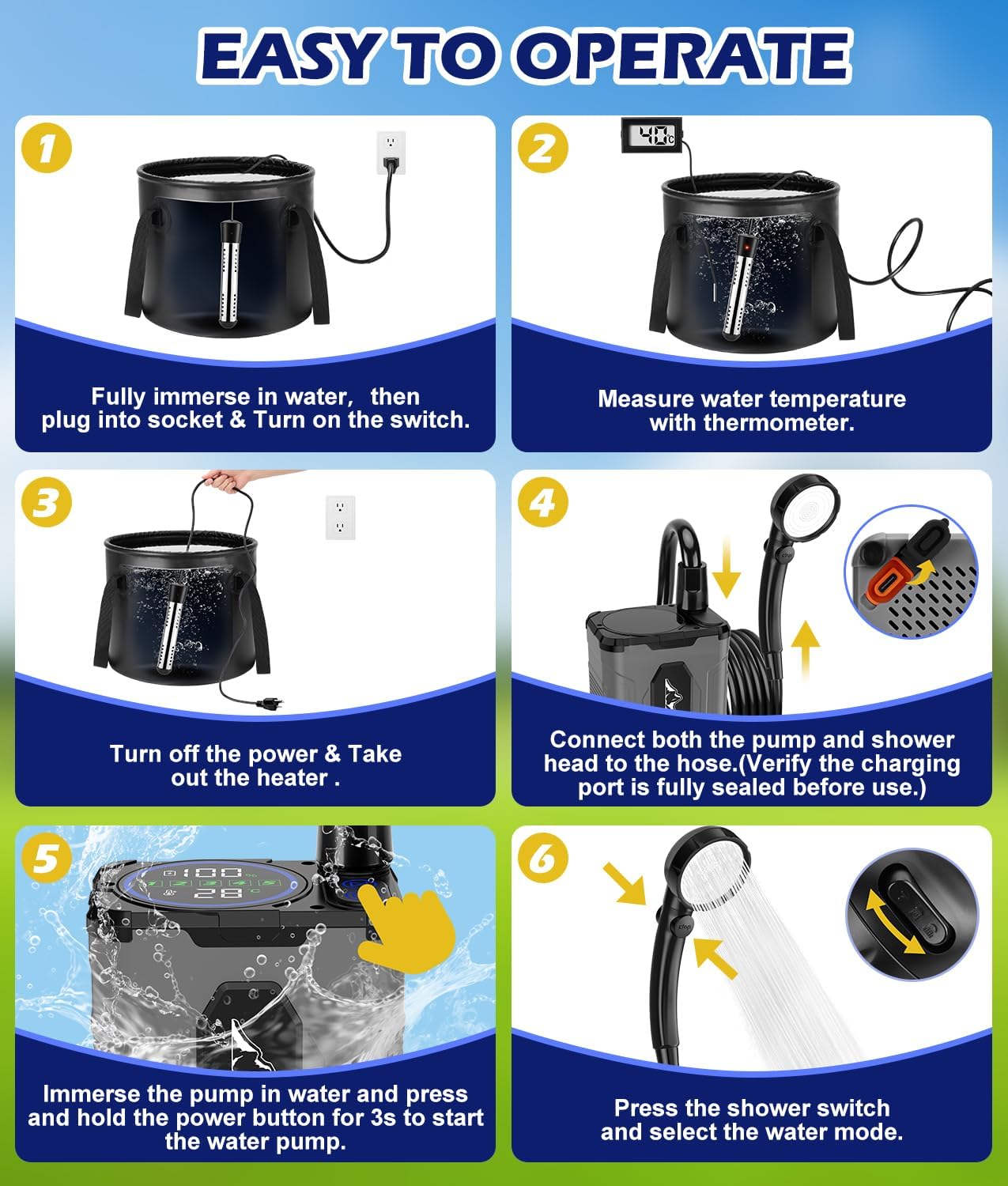 Upgraded Portable Shower for Camping with Heater, Rechargeable Camping Shower with Intelligent LED Display, 5 Gal Foldable Bucket, 4 Spray Modes, Portable Shower for Travel, Pet Bath, Car Washing