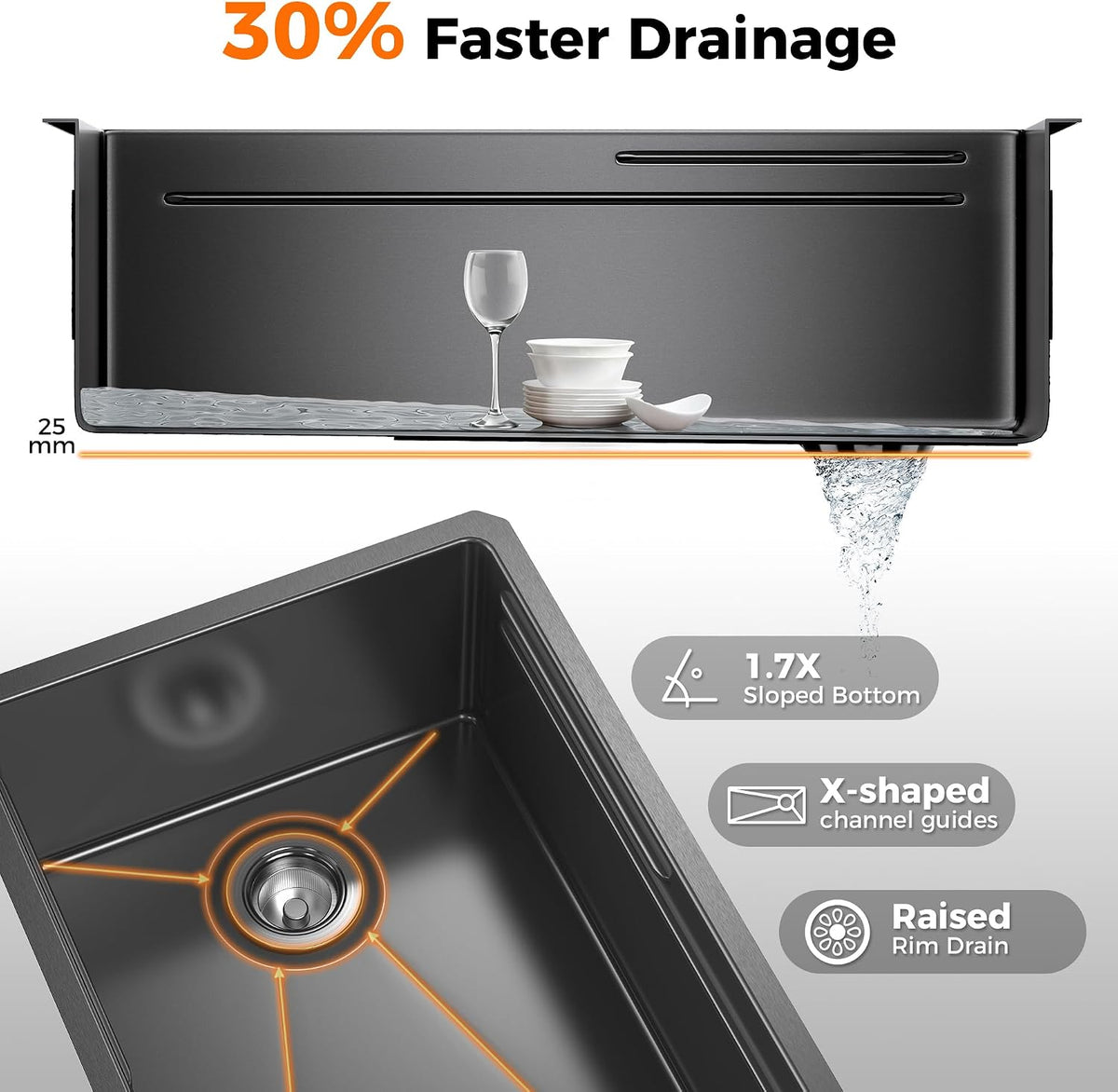 CAMMOO 32X19 Undermount Black Kitchen Sink, 304 Stainless Steel Sink ‎Gunmetal Black 32x19 Inch