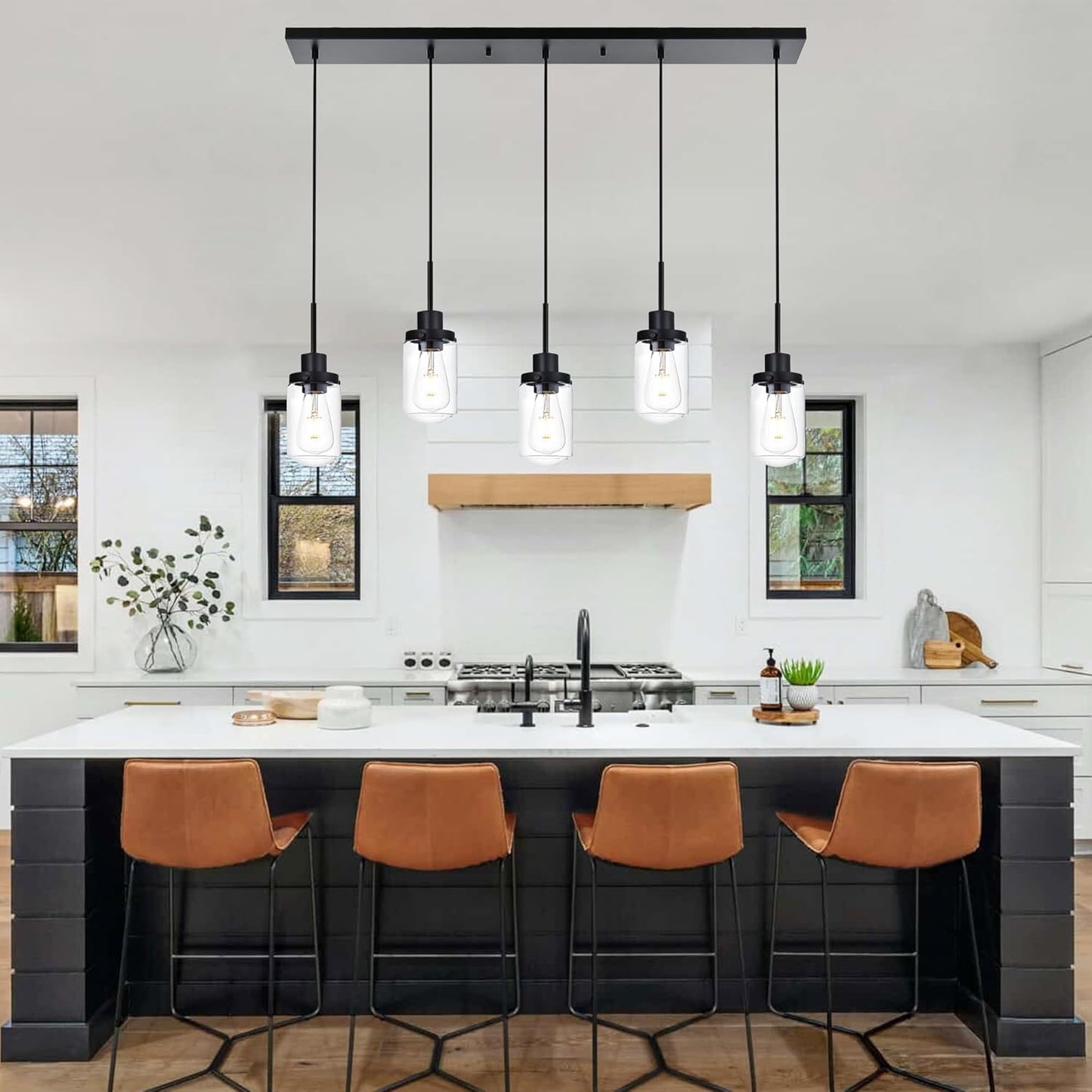 5-Light Dining Room Light Fixtures Hanging Linear Chandeliers for Dining Room, Farmhouse Black with Glass Shades