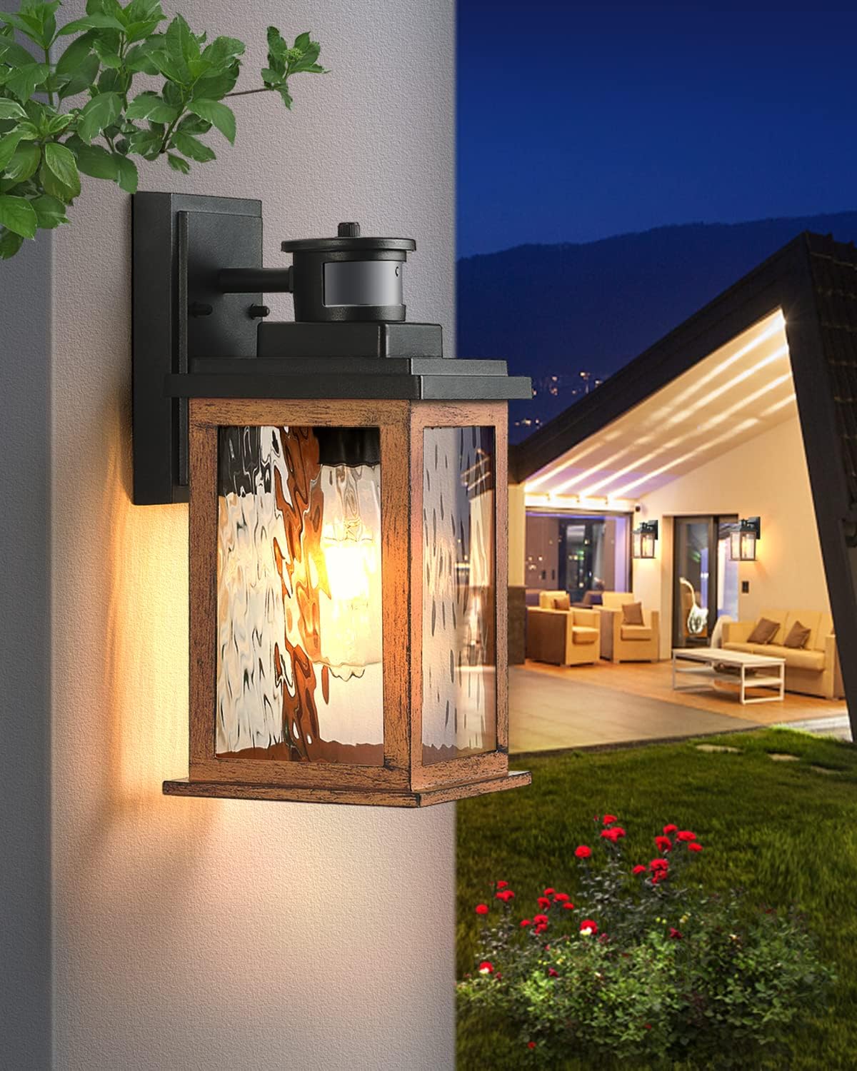 VIANIS Motion Sensor Outdoor Lights, Dusk to Dawn Outdoor Lighting for House, Wood Grain Garage Lights, Lantern Wall Mount, Waterproof Porch Sconce