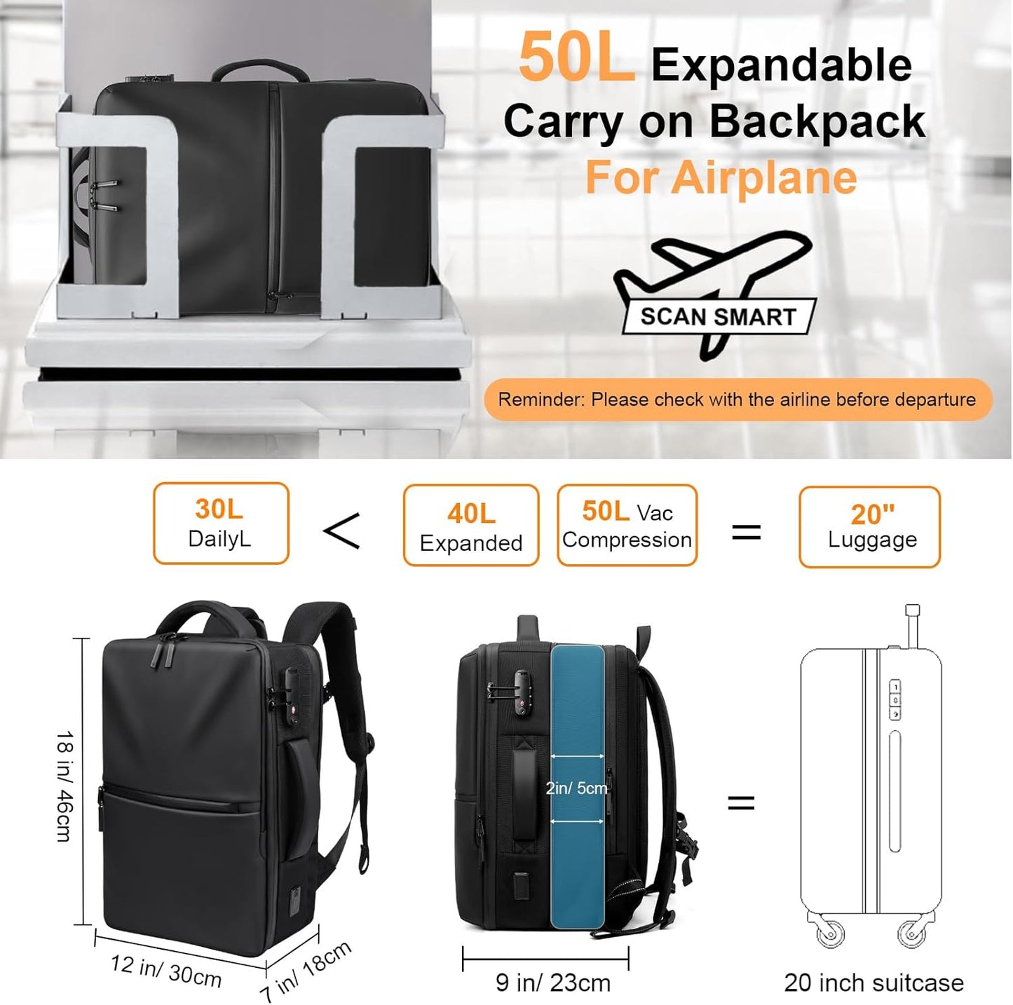 Air Vacuum Backpack for Travel - 50L Expandable Carry On Backpack for Airplane, Vacuum Compression with Pump, USB Port, Anti-Theft, for Business, Coll