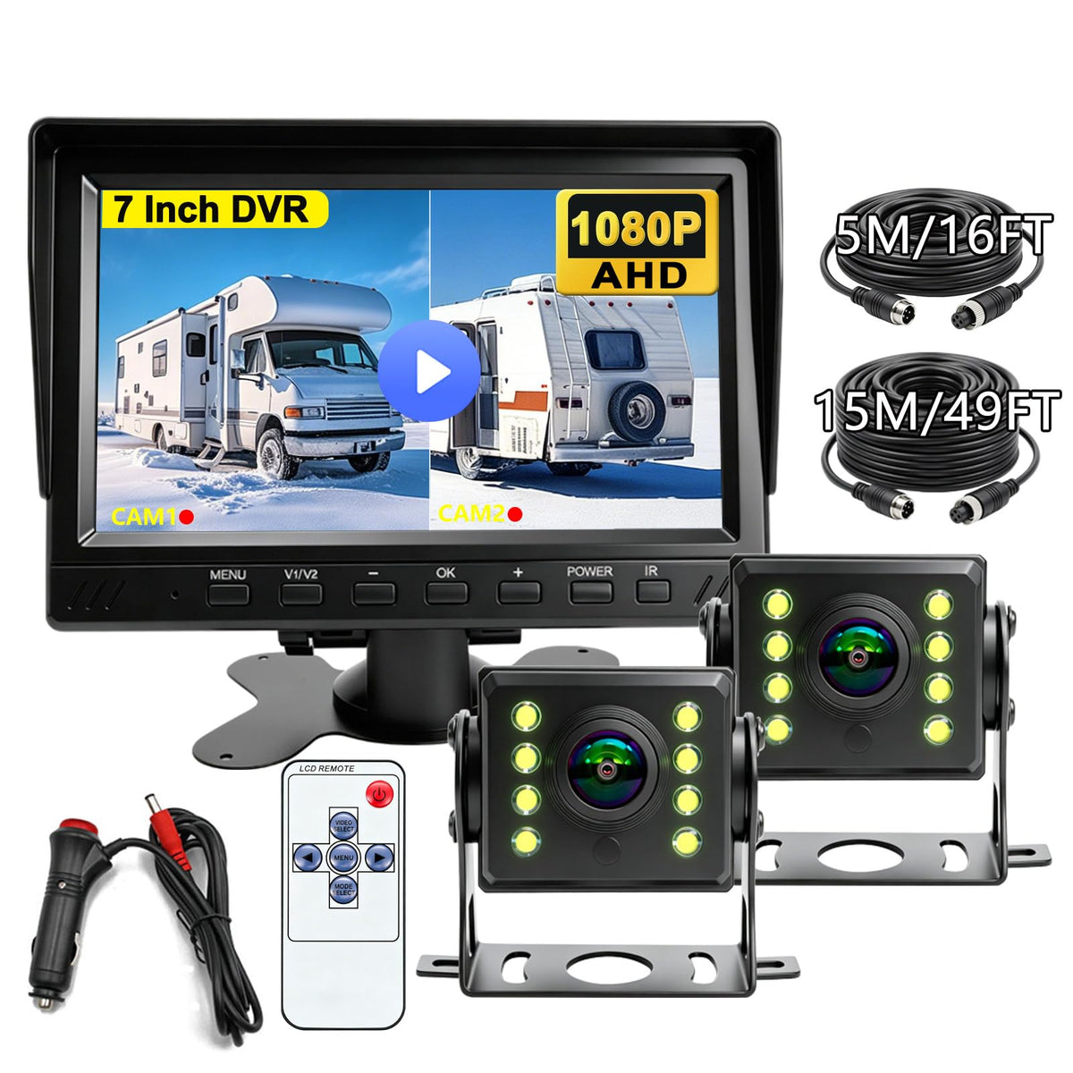AHD 1080P Truck Camera 7" Monitor 2 LED Cameras DVR for Semi RV