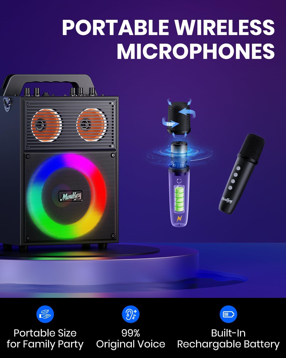 Moukey Karaoke Machine for Adults Kids Portable PA System Bluetooth Karaoke Speaker with 2 Wireless Microphones Party Speaker with Disco Light