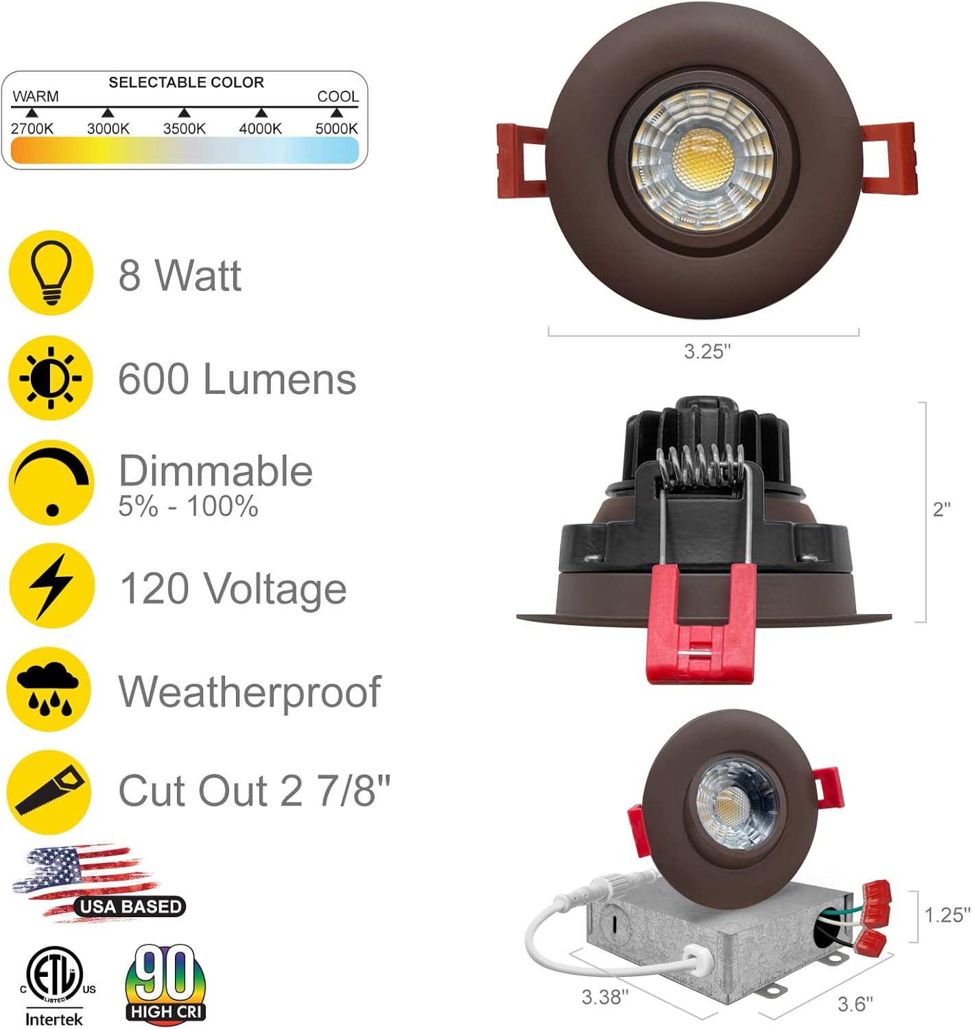 NUWATT 3 Inch LED Gimbal Recessed Downlight, 4 Pack, Canless All-in-1 LED Light with 5 CCT Color Switch 2700K - 5000K, 8W, 600 Lumens, 120V,