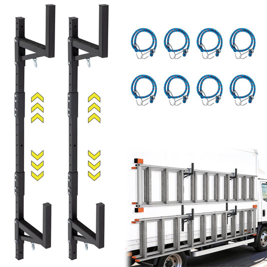 Adjustable Trailer Ladder Rack, Heavy Duty Steel Ladder Rack with 8 Elastic Ropes for Truck, Open and Enclosed Trailer Side Wall Mount, Indoor/Outdoor Storage Rack 350 LBS Capacity