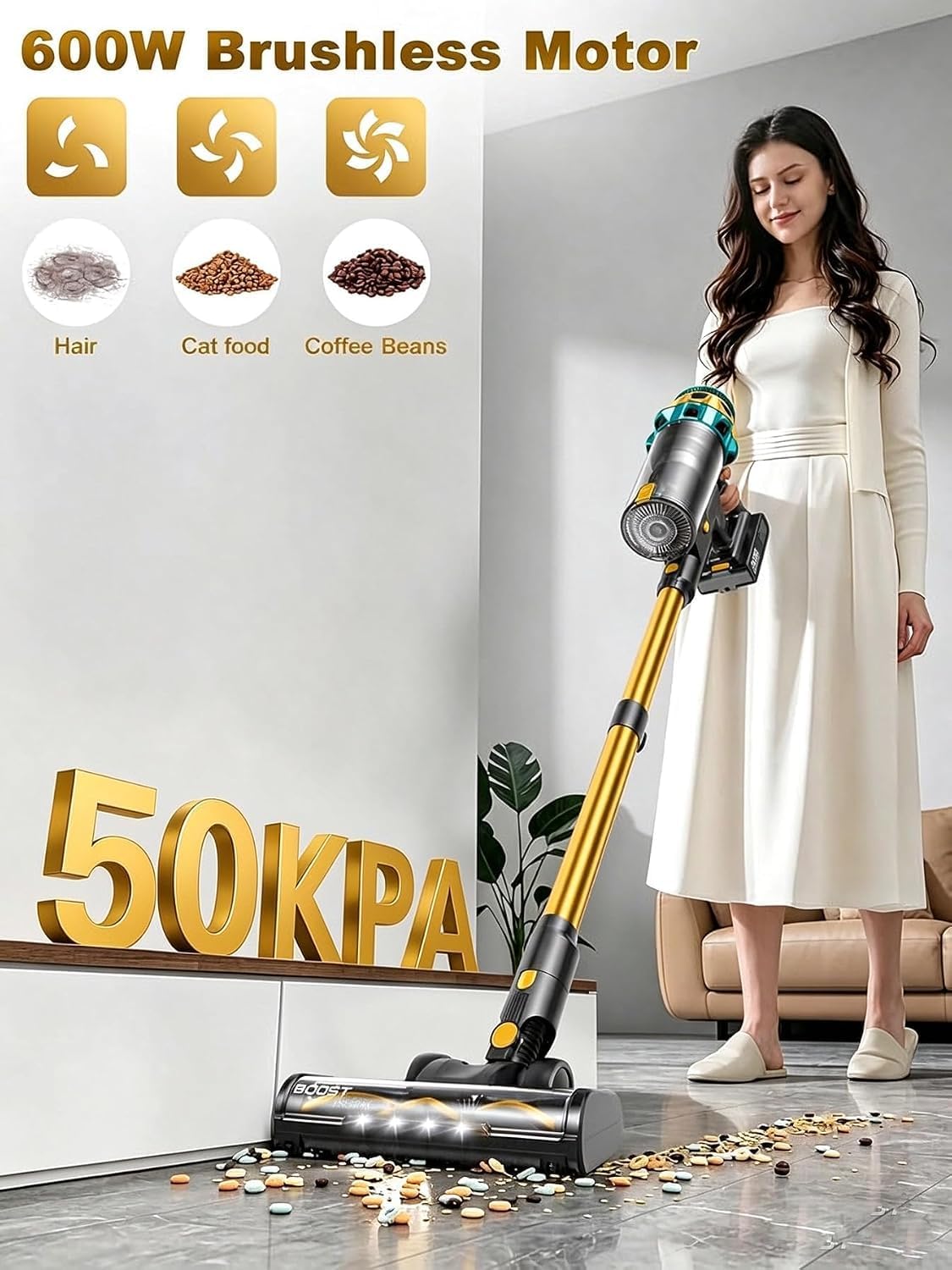 Cordless Vacuum Cleaner, 50KPa 45Mins 9-in-1 Self-Standing Stick Vacuum
