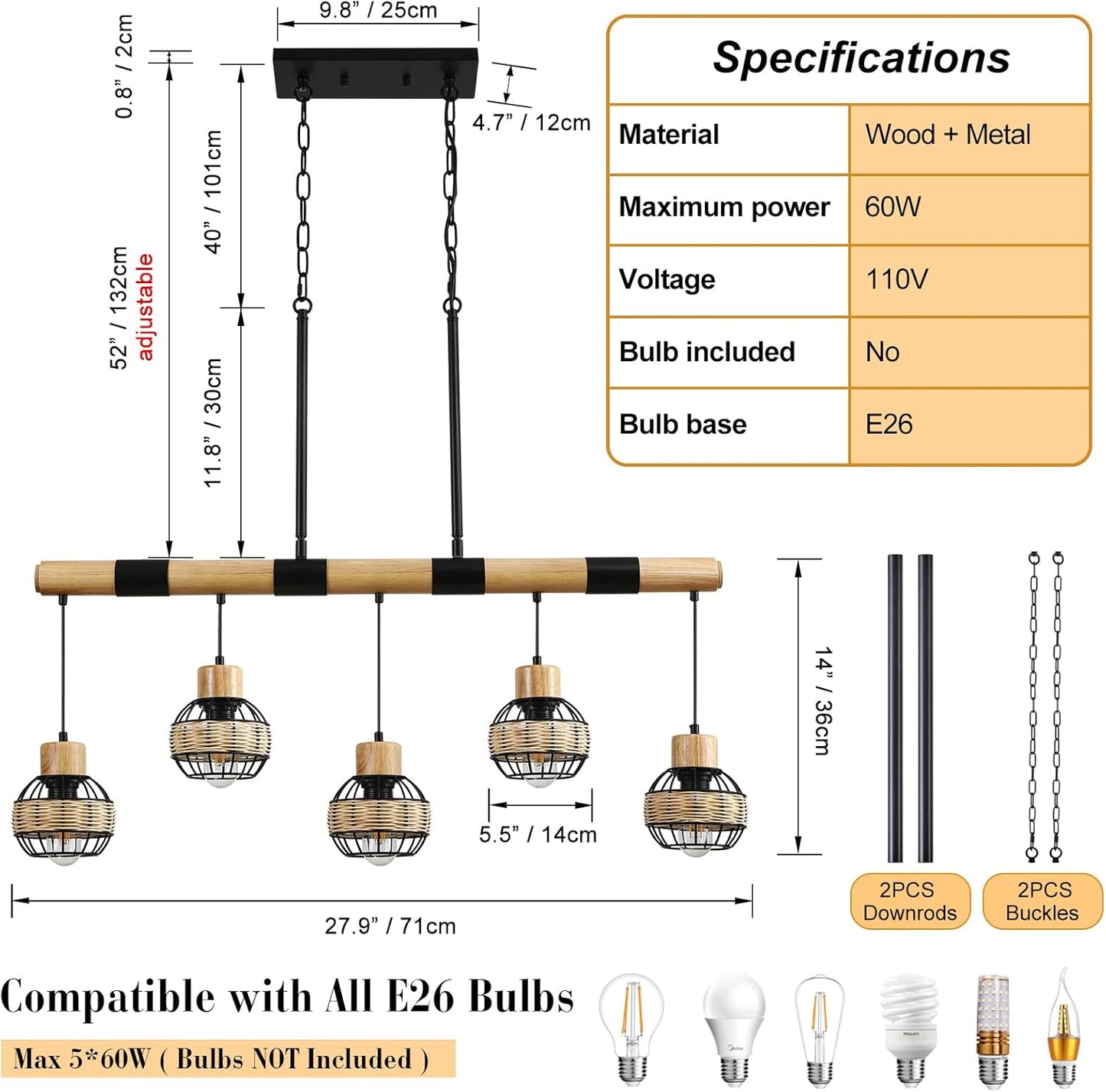 Pendant Lights Kitchen Island, Farmhouse 5-Light Dining Room Light Fixture Over Table, Boho Rustic Wood Chandeliers for Dining Room, Adjustable Hight