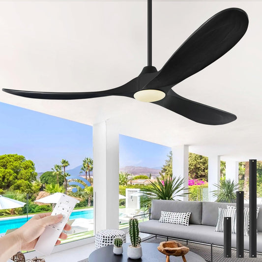 ABZ Ceiling Fans with Lights - 60 inch Propeller Ceiling Fan with Remote Control, 3 Blades Black Solid Wood Ceiling Fan for Indoor Outdoor Patio