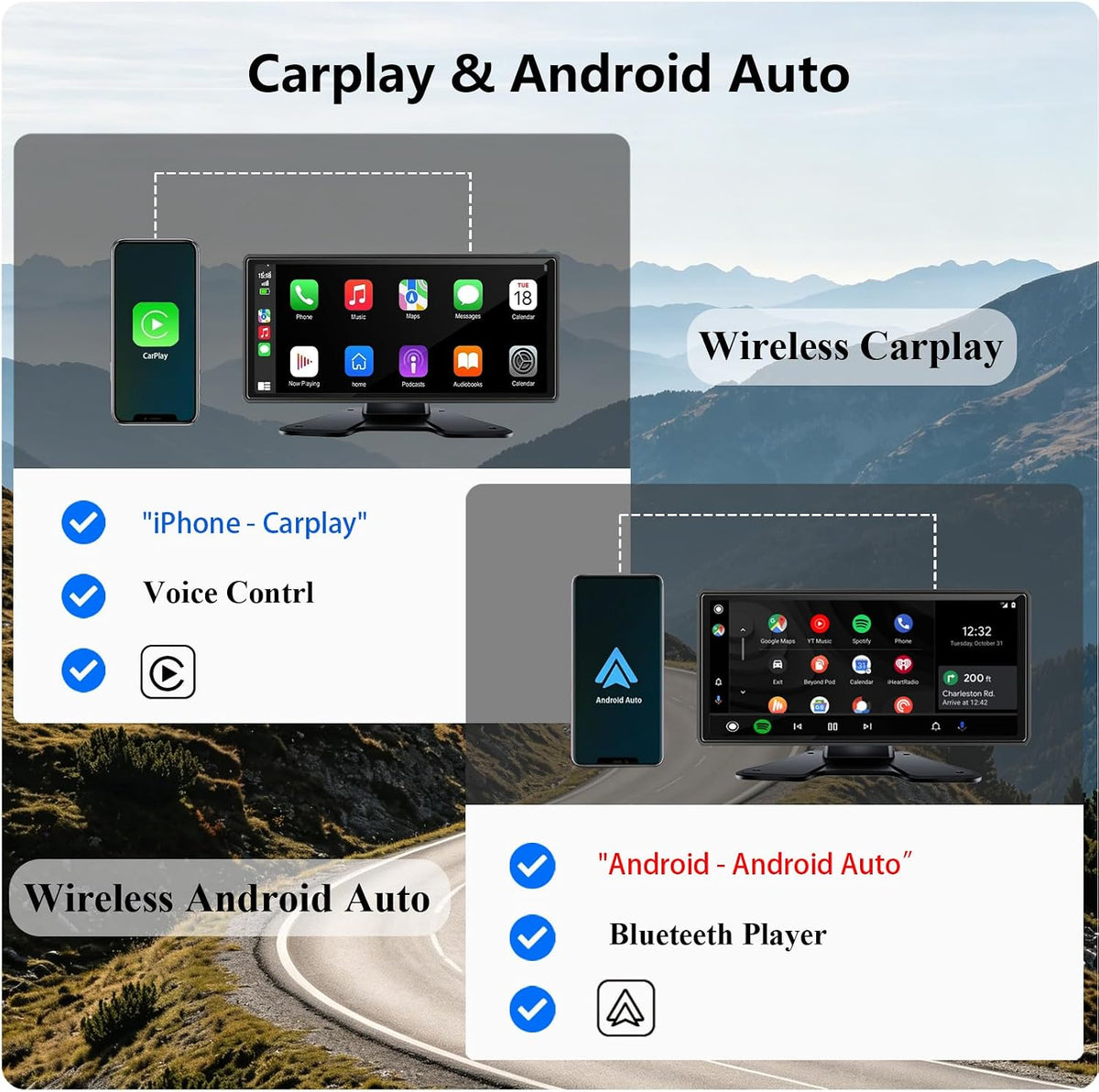 RV Backup Camera System with CarPlay & Android Auto, RVInWest 10.36" Touchable Monitor with Mirror Link DVR Recording + 4 AHD 1080P IP69K Waterproof Night Vision Camera for RV Truck Trailer Bus