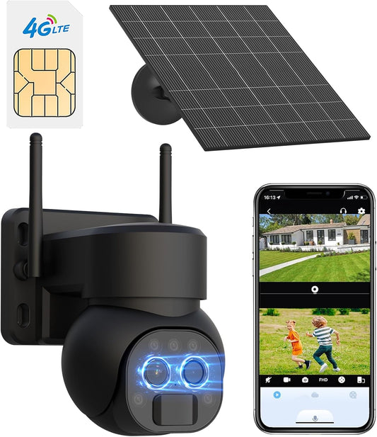 4G LTE Secuiryt Camera with 12X Hybrid Zoom, Dual-Lens Solar Power CCTV Camera with 9000mAh Battery,300MB Sim Card, 5W Solar Panel,PTZ 360 View