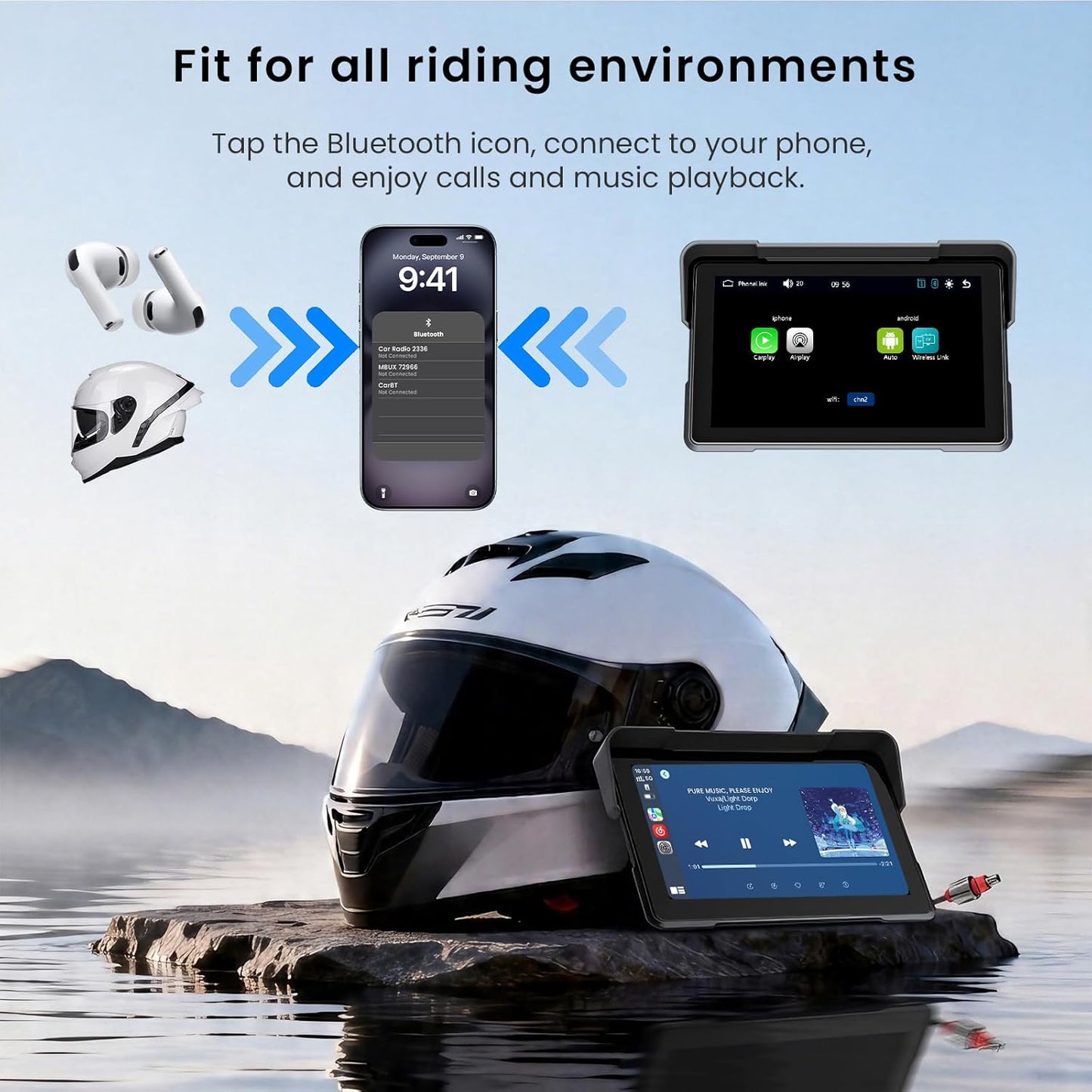 7” Motorcycle CarPlay & Android Auto Display Portable Touch Screen, Support GPS Navigation Siri & Google Assistant, Bluetooth 5.2/ Voice Control/ IP67K Waterproof Anti-Glare Design