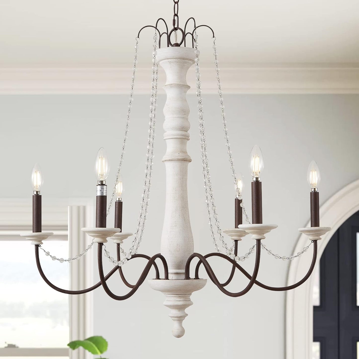 Yifi Deco French Country Chandelier, 25.5in Handmade Real Wood Farmhouse Chandelier Candle Style Hanging Pendant Lighting for Living Room Dining Room