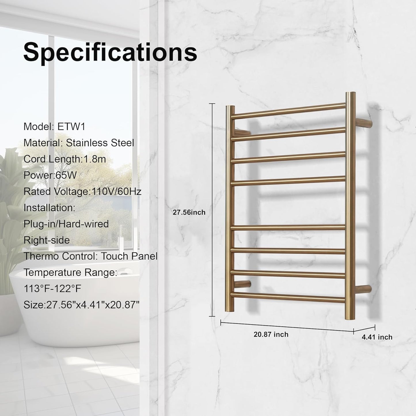 Electric Heated Towel Warmer, Wall Mounted Bathroom Towel Rack, Plug-in Design, Brushed Gold Stainless Steel Finish 8 Bar  with Single Press