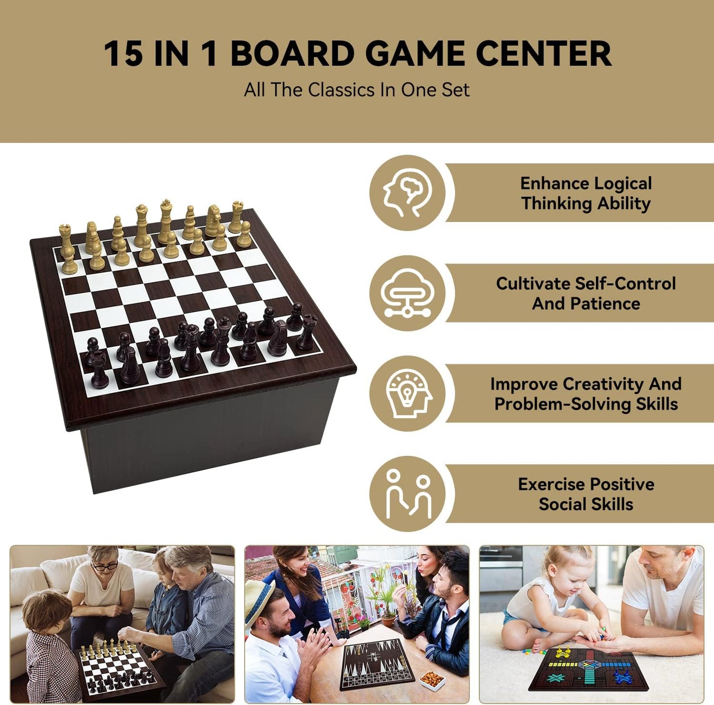 Board Game Set, Wooden15 in 1 Tabletop Game Center with Storage Drawer for Family Night Gift (Checkers, Chess, Parcheesi, TicTacToe, Snakes and