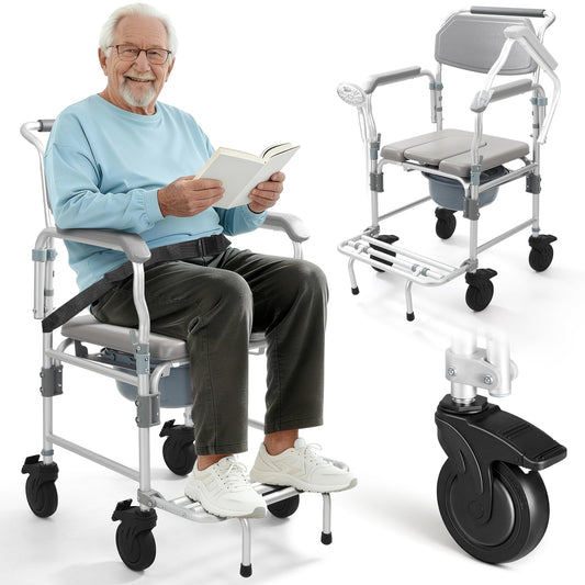 Shower Chair with Wheels & Commode for Elderly and Disabled | 330 lbs heavy-duty aluminum rolling bath chair, flip-up armrest for easy transfer, includes 5" enlarged casters & safety belt