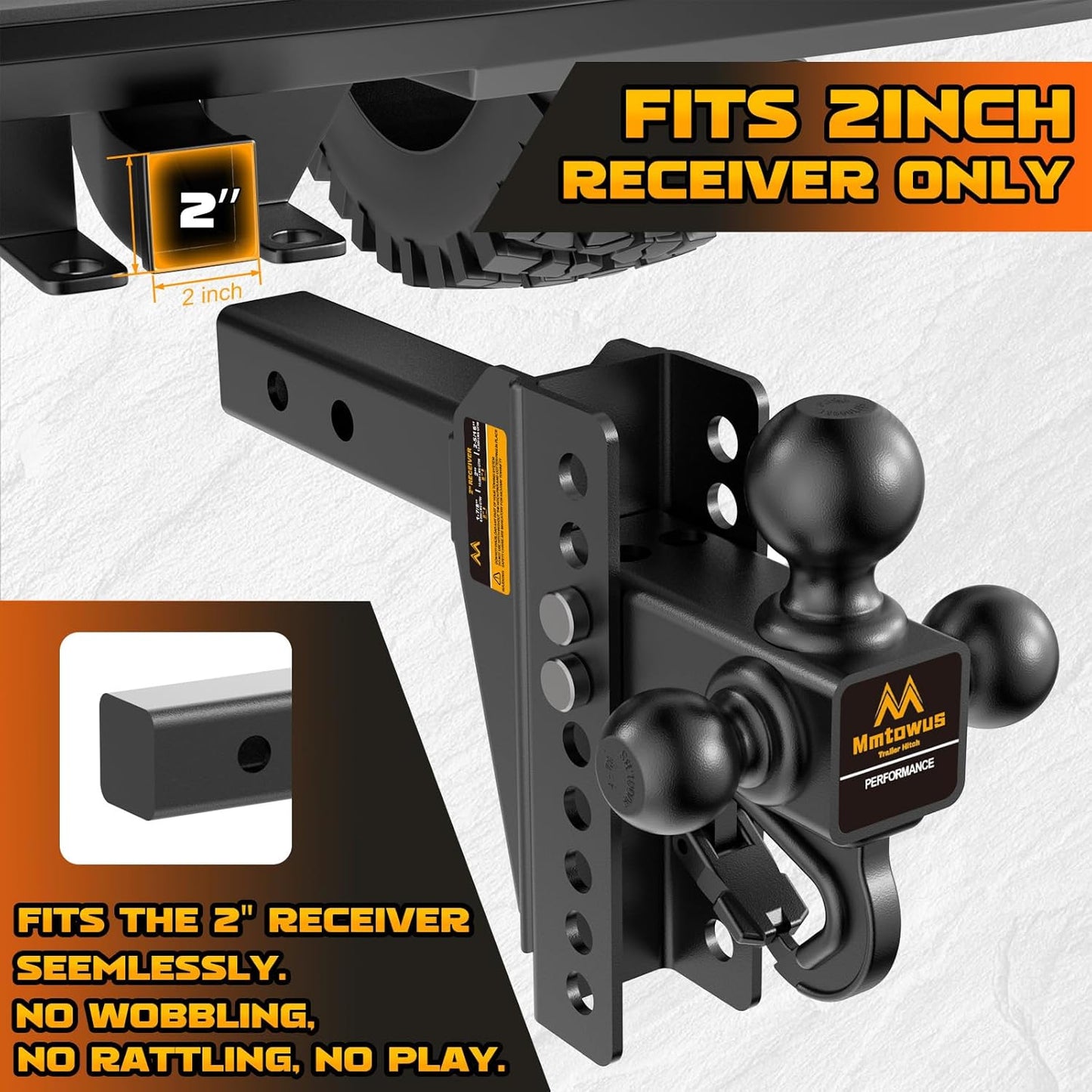 Adjustable Trailer Hitch - Drop Hitch Fit 2" Receiver -8" Drop/Rise | Tri Ball Mount with Hook (1-7/8'', 2'' & 2-5/16''), 12,500 LBS GTW Tow Hitch, 3 Ball Hitches for Trucks, RVs, Camper, SUV etc