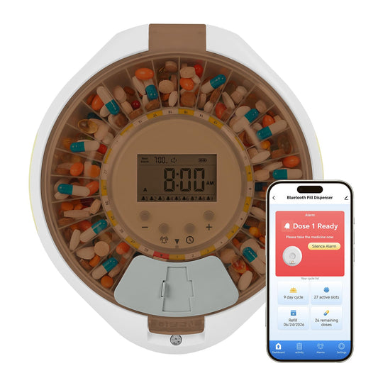 Locked Bluetooth Pill Dispenser for Caregivers App Track Adherence History | Top Lock & Ergonomic Flip Lid Friendly for Seniors, 28-Day Organizer with 9 Custom Alarms & Clear LCD, Sound-Light Reminders