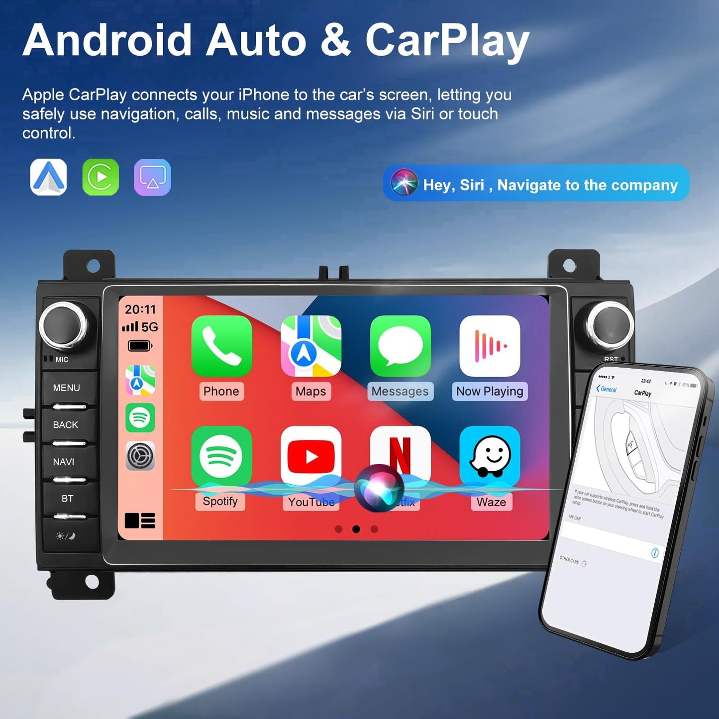 Car Radio for Jeep Grand Cherokee 2011 2012 2013, Dodge Durango 2011 2012 2013, 7 Inch Touch Screen Headunit Stereo Upgrade with Wireless Carplay Android Auto 5GWiFi Backup Camera Bluetooth GPS FM SWC