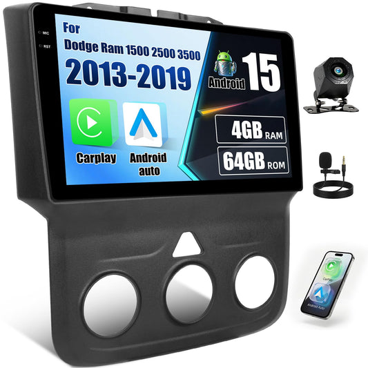[4G+64G] Car Radio for Dodge Ram 1500 2500 3500 2013-2019 with Wireless CarPlay Android Auto,9” Touchscreen Android 15 Car Stereo with Mirror Link 5GWiFi/GPS,Bluetooth,FM/RDS SWC EQ+Backup Camera