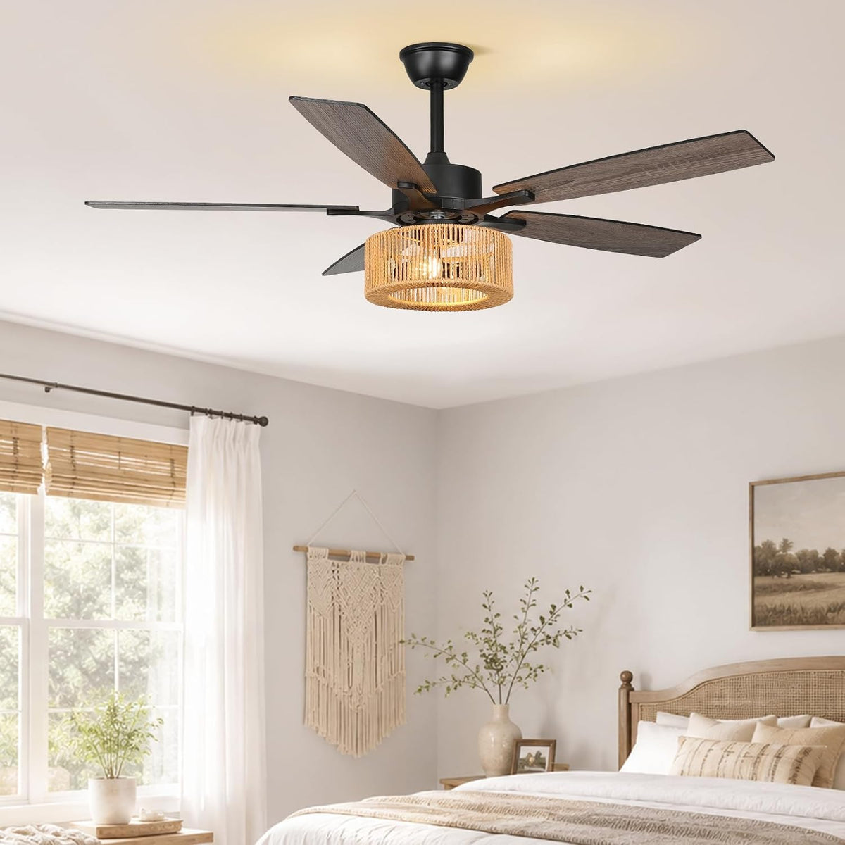 52In Boho Fandelier Ceiling Fan with Light, Hand-Woven Rattan Shade Beige