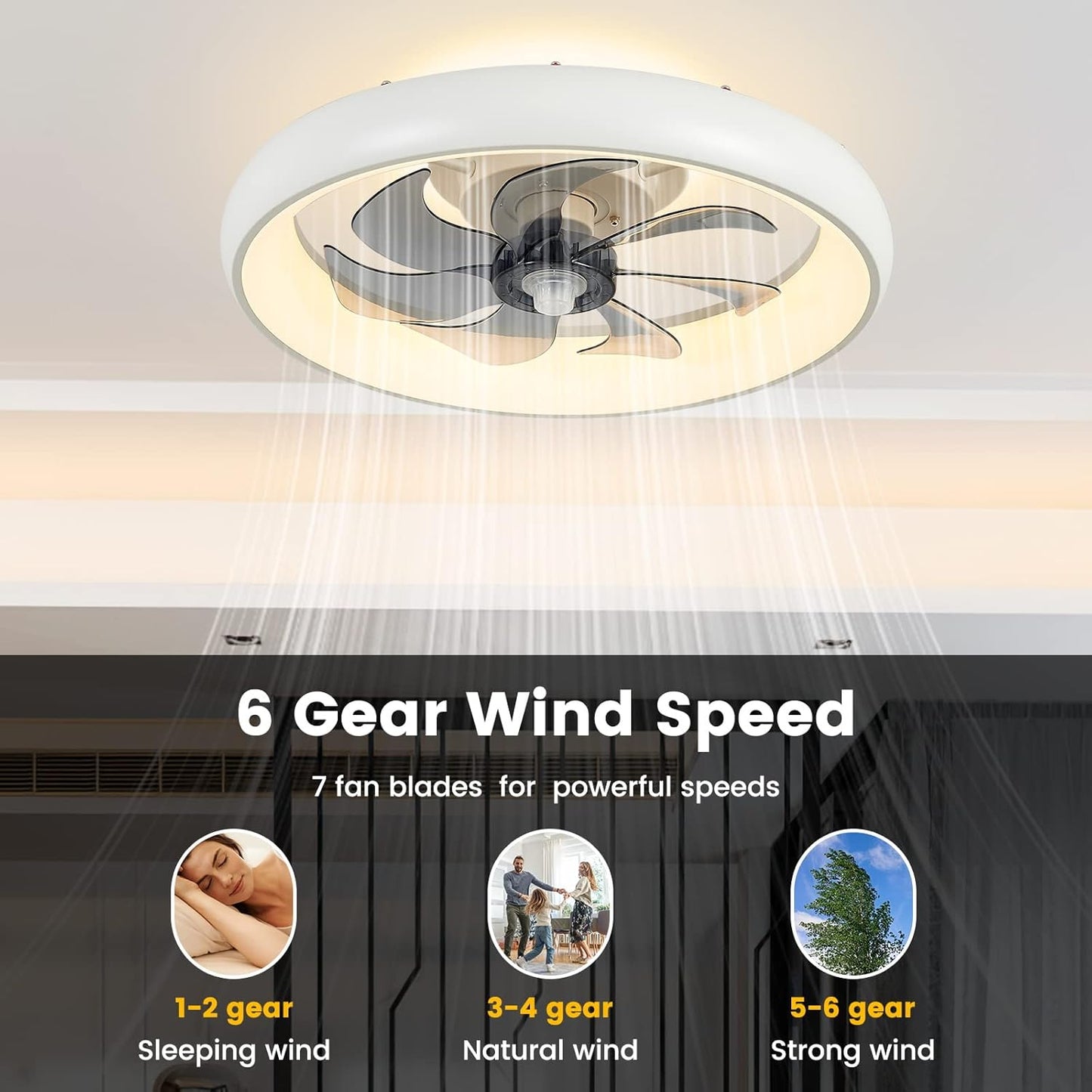 Oyisen Ceiling Fans with Lights, 20 Inch Enclosed Ceiling Fan with Light, Six Wind Two Modes Low Profile Ceiling Fan with Light, Flush Mount Ceiling