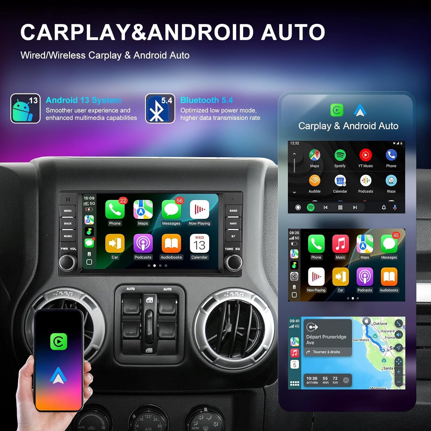 Car Radio for Wrangler JK 2007-2018 Dodge Ram 1500 2500 3500 2009-2012,7 Inch 2+64G Android 13 Touch Screen Head Unit with Wireless CarPlay & Android Auto,GPS Navigation,HD Backup Camera