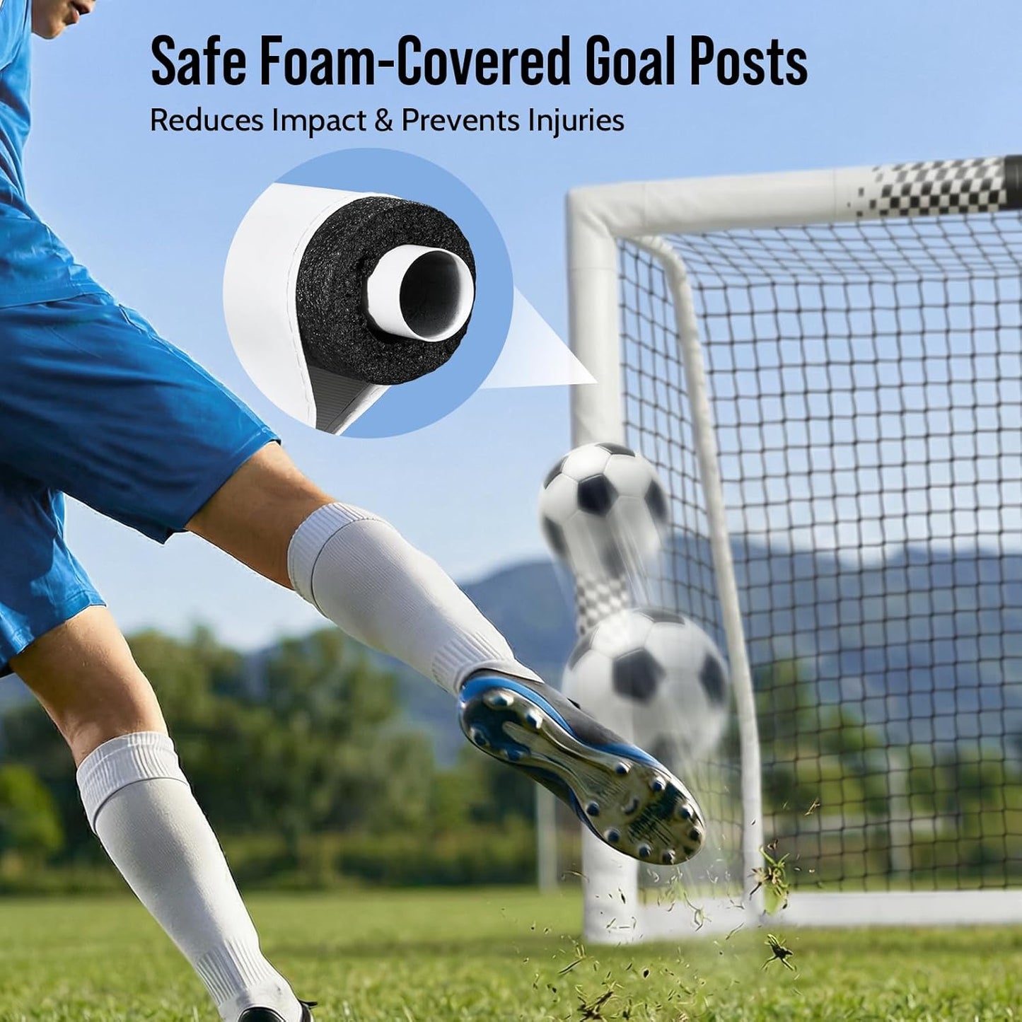Soccer Goal for Backyard, 8x6/6x4 FT Heavy Duty Soccer Net with Safety Foam Padded Metal Post, Durable Goals with Training Set Agility Ladder & 12 Cones for Youth & Adults Practice 8x6 FT