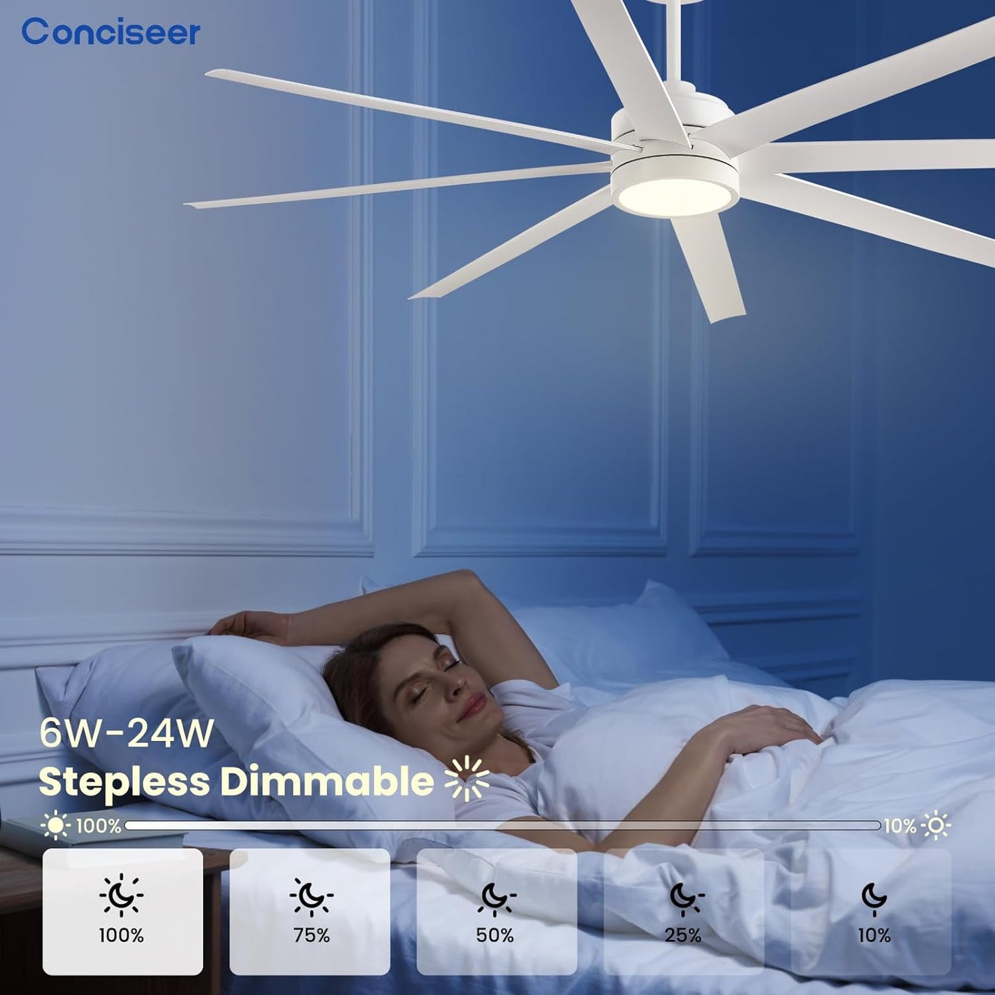 Conciseer Morden Ceiling Fans with Lights,72 Inch Ceiling Fans with Remote for Bedroom Living Room Kitchen, 8 Blades 6 Speed Reversible Quiet DC