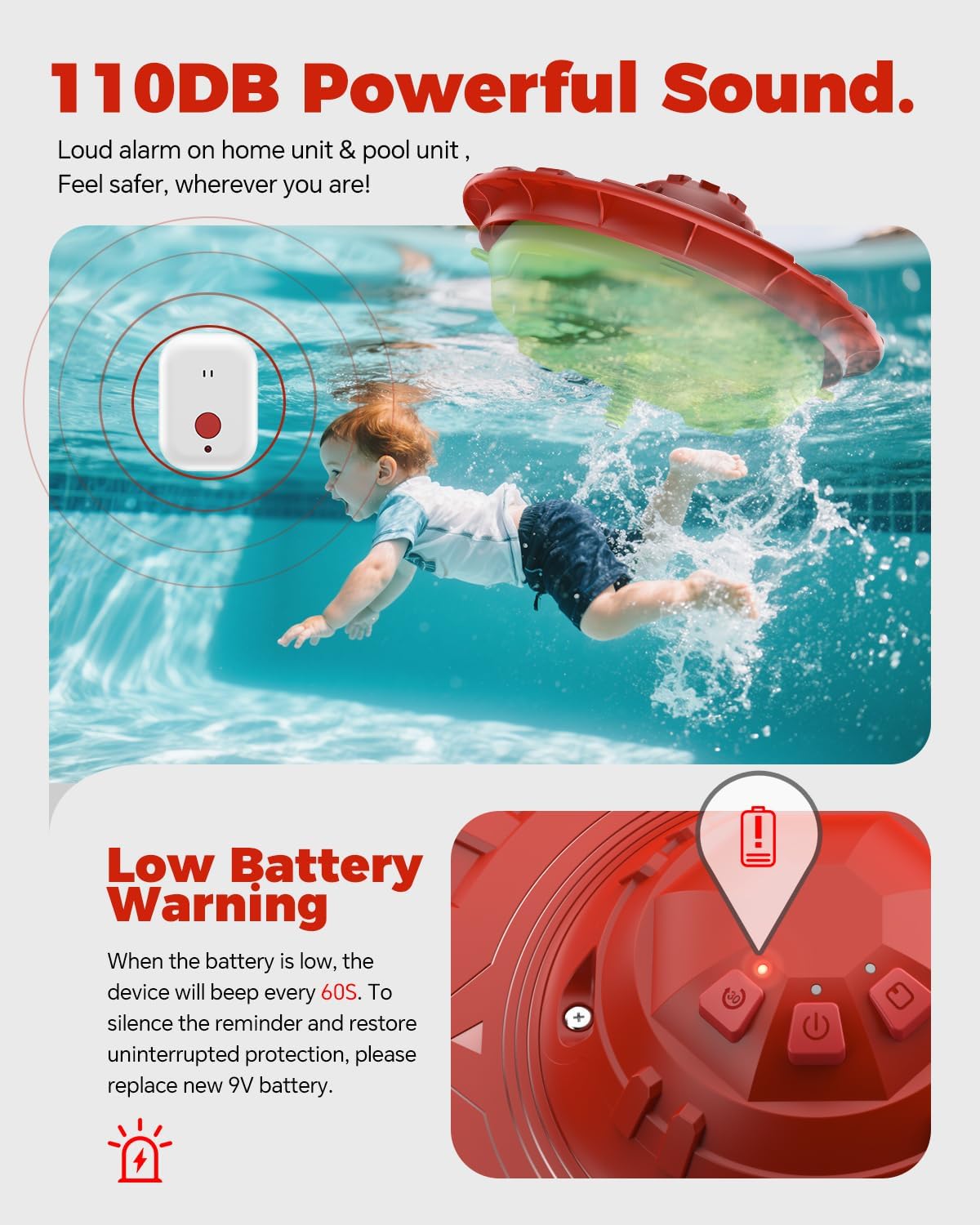 Pool Alarm with Indoor Receiver, Ultra Loud Floating Alarm for Inground & Above Ground Pools, Adjustable Sensitivity for Backyard Water Safety with Children & Pets, Red Green