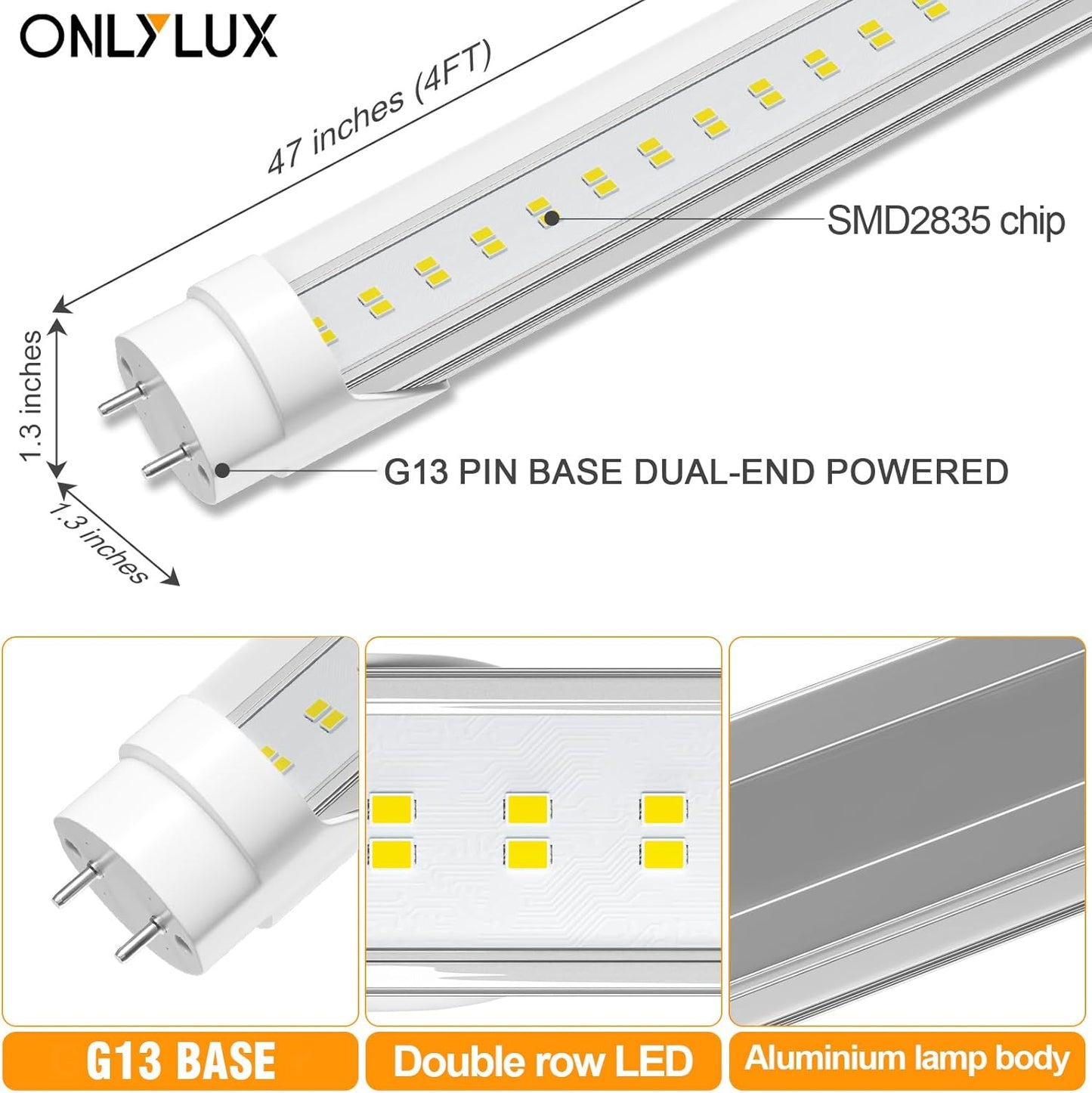 ONLYLUX T8 Bulbs 4 Foot 6500K Daylight, 5000Lumens, 36W, 4ft Led Bulbs Ballast Bypass Type B Dual-End Powered, 4ft Led Tubes Replacement F32T8 F32T12