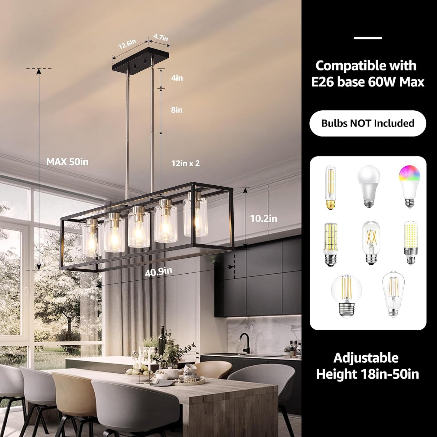 FOVICY 5-Light E26 Kitchen Island Lighting, Farmhouse Dining Room Chandelier with Clear Glass Shades, Rectangle Black and N