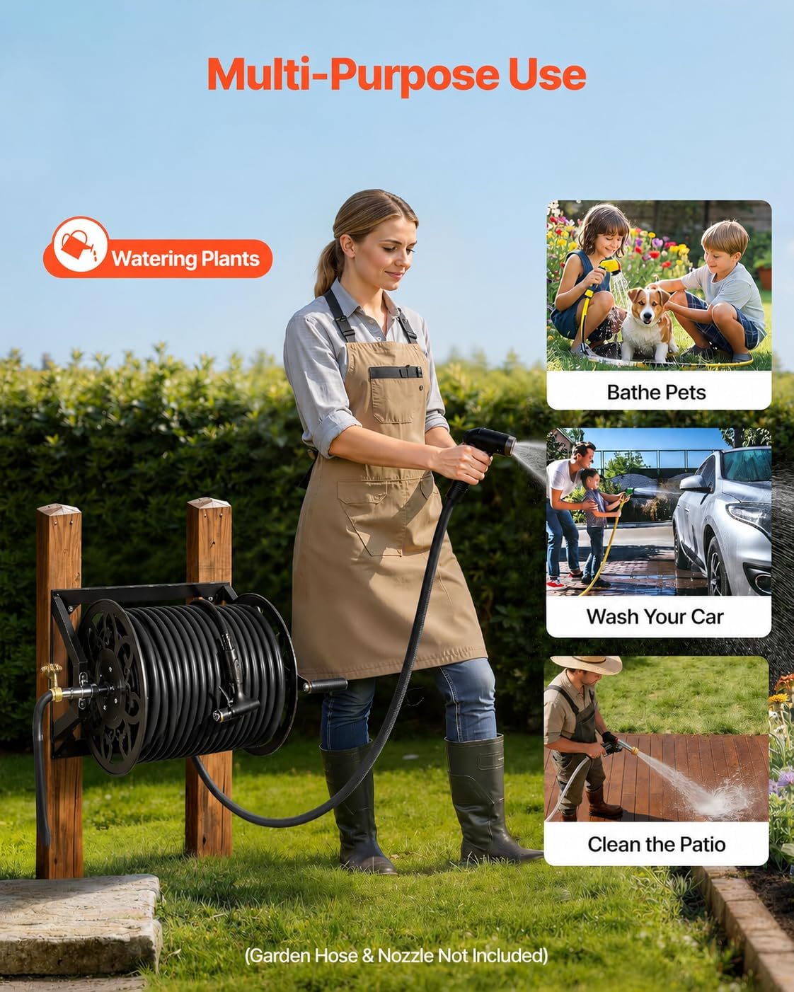 Wall Mounted Garden Hose Reel – Holds 200 ft 5/8" Hose, Heavy-Duty Steel Manual Winder, with Brass Connector, 5ft Leader, Decorative Pattern, Space Saver, Gray Finish, for Outdoor Gardens & Lawns.
