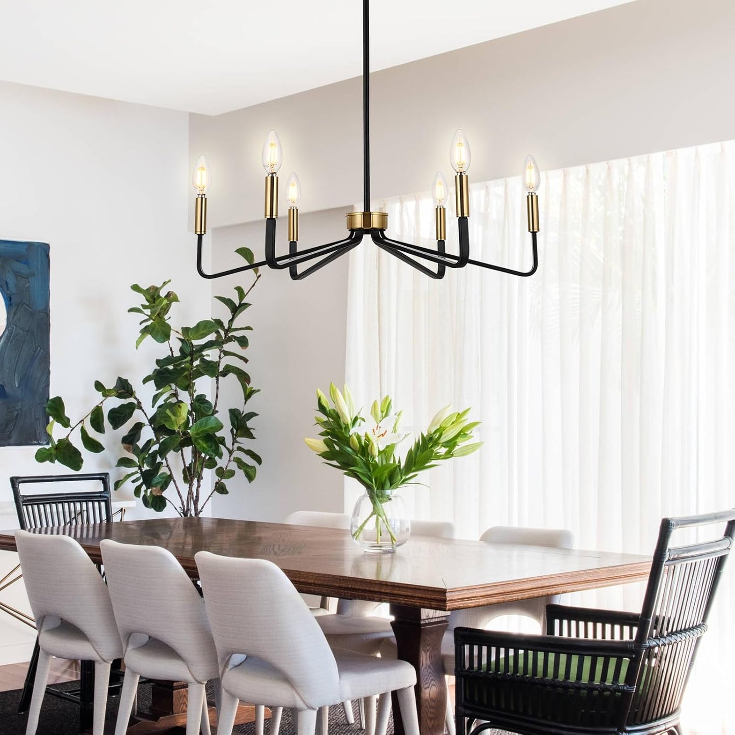 Black Farmhouse Chandelier, 6-Light Candle Dining Room Light Fixtures Over Table, Brushed Brass Modern Pendant Lights