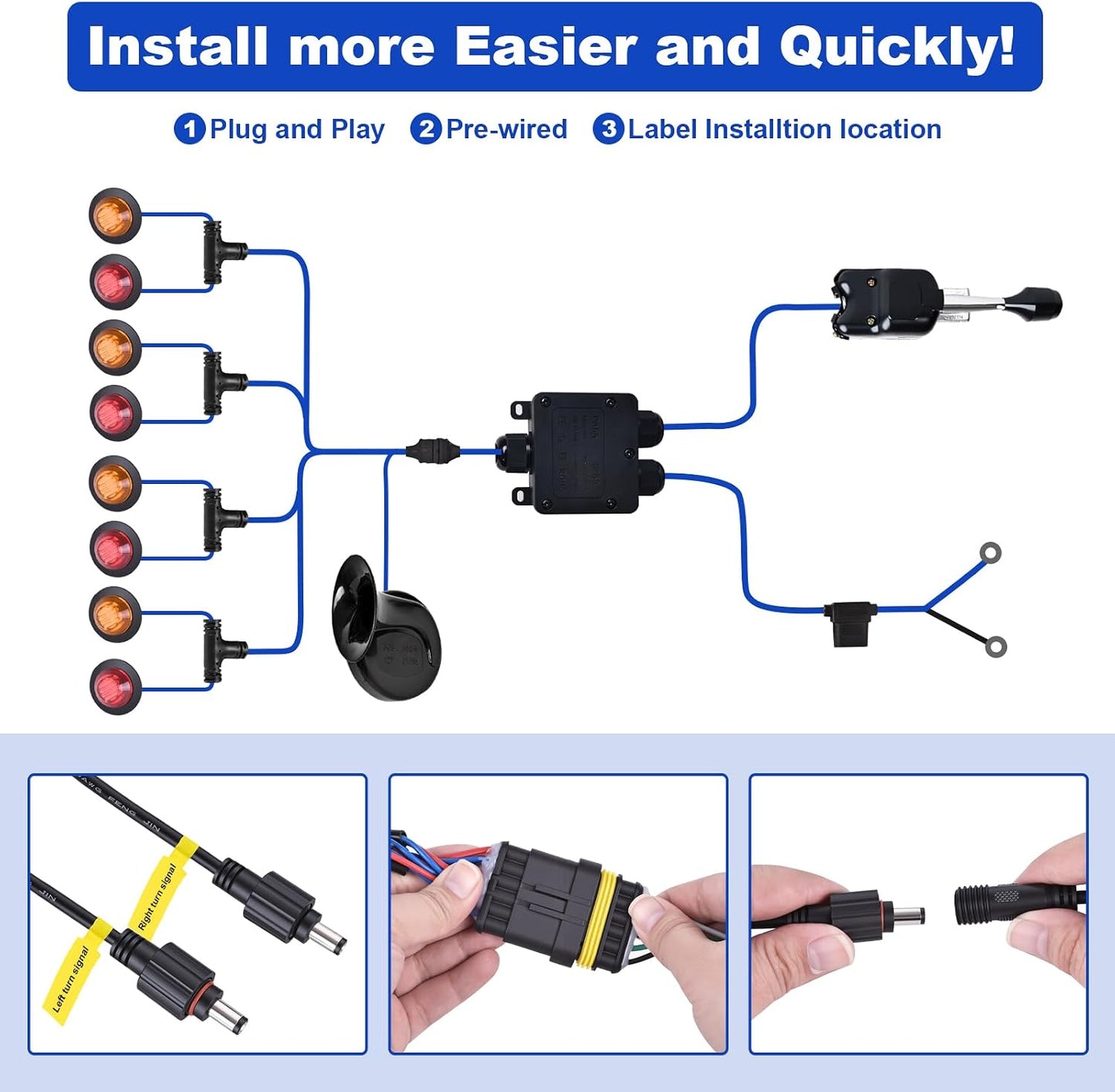 UTV Turn Signal Kit with Lever Column Switch and 8 Round Light,Pre-Wired, Plug and Play with Horn, Compatible with Polaris Ranger, RZR, Can-Am X3 8 Light with Lever Column Switch