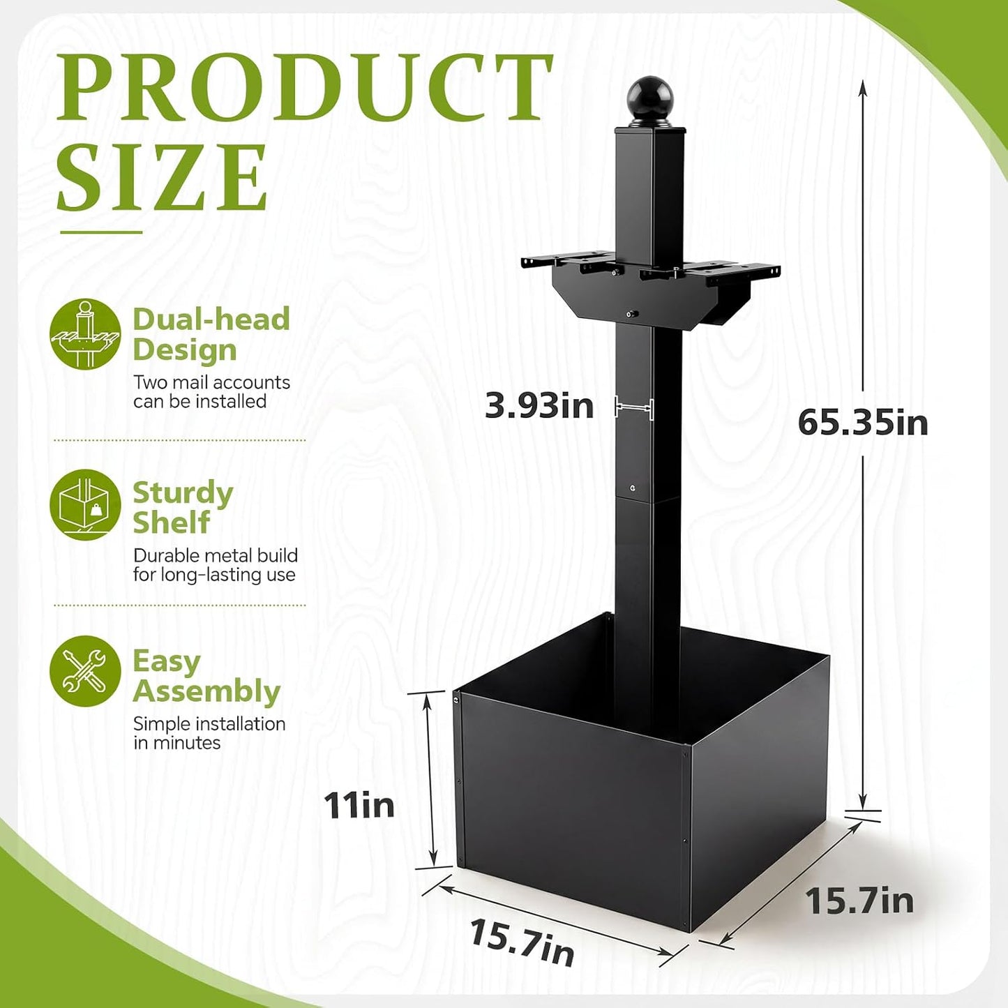 Colingmill Double Iron Mailbox Post with Planter Box for Outside, 65.35 x 4 x 4 Inch, Black Steel Mount for 2 Mailboxes, Heavy Duty Architectural Stand with Brackets (Mailbox Not Included)
