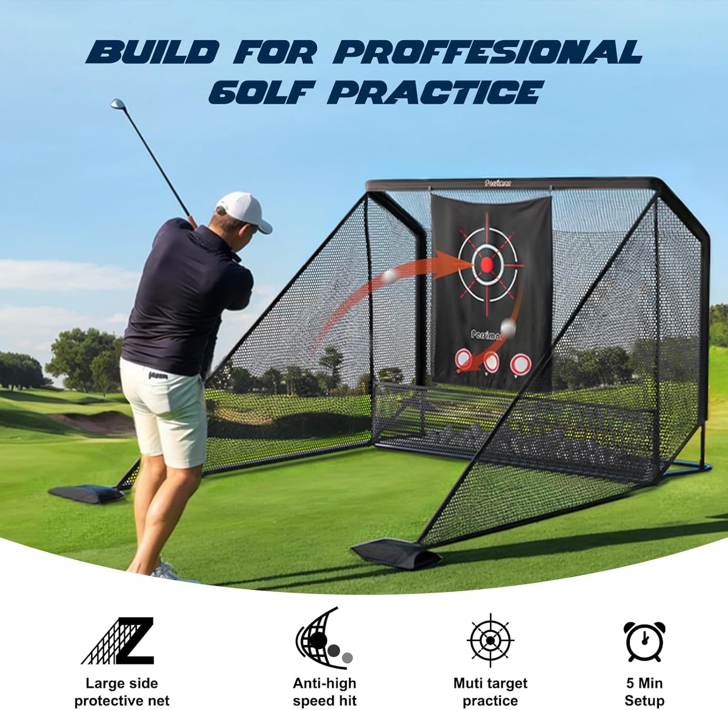 Golf Net Practice Hitting Net Golf Cage,10x7ft Heavy Steel Frame with 2 Net Side Barriers,for Backyard Driving Chipping Swing Training, Home Golf