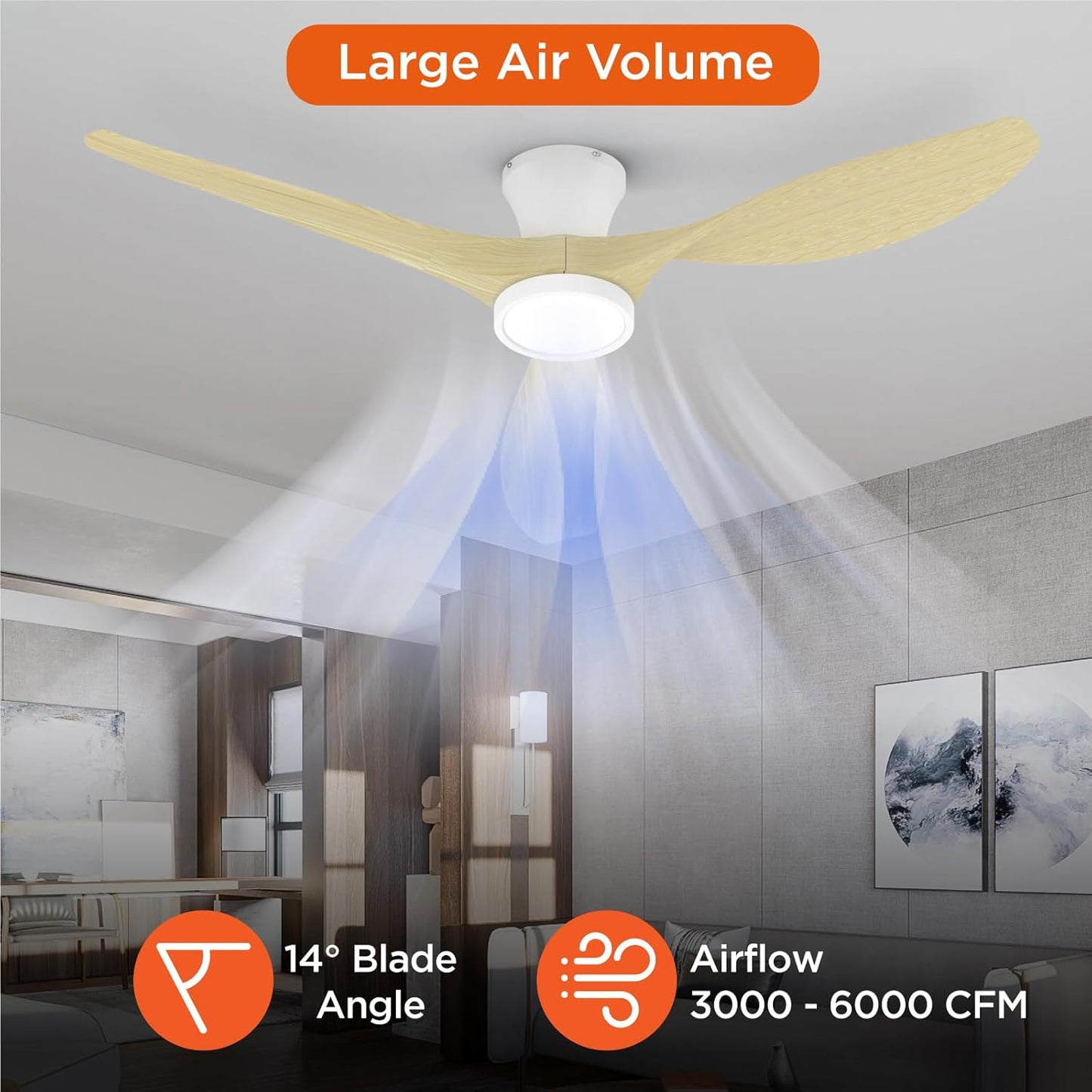 TALOYA Ceiling Fans with Lights and Remote, 52 inch Low Profile Ceiling Fan with 3 Blades,Reversible DC Motor Ceiling Fan for Be