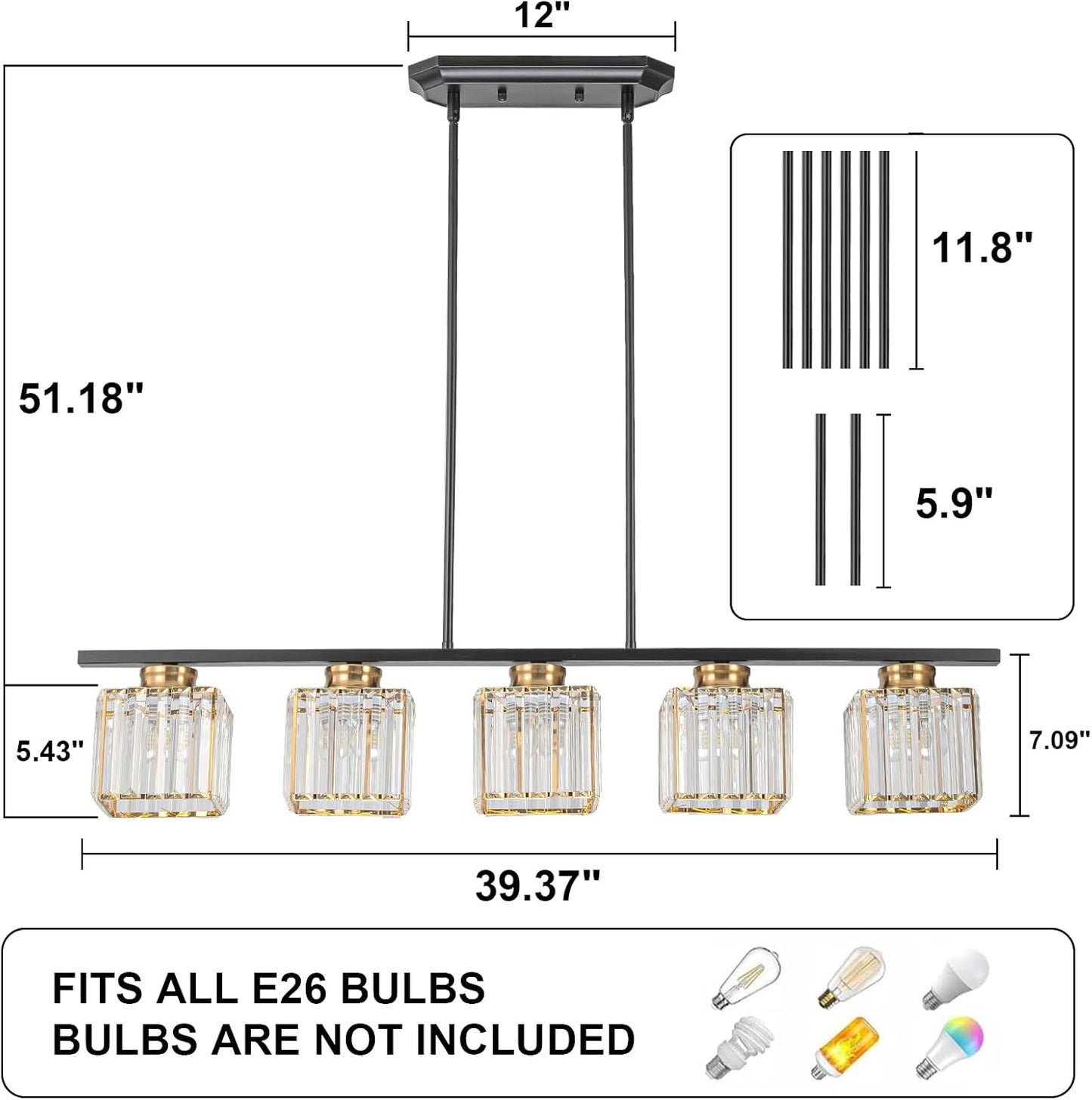 Modern 5 Light Linear Pendant Light, 38' Dimmable Black and Gold Finish Dining Room Light Fixture with Crystal Shade Height Adjustable Linear