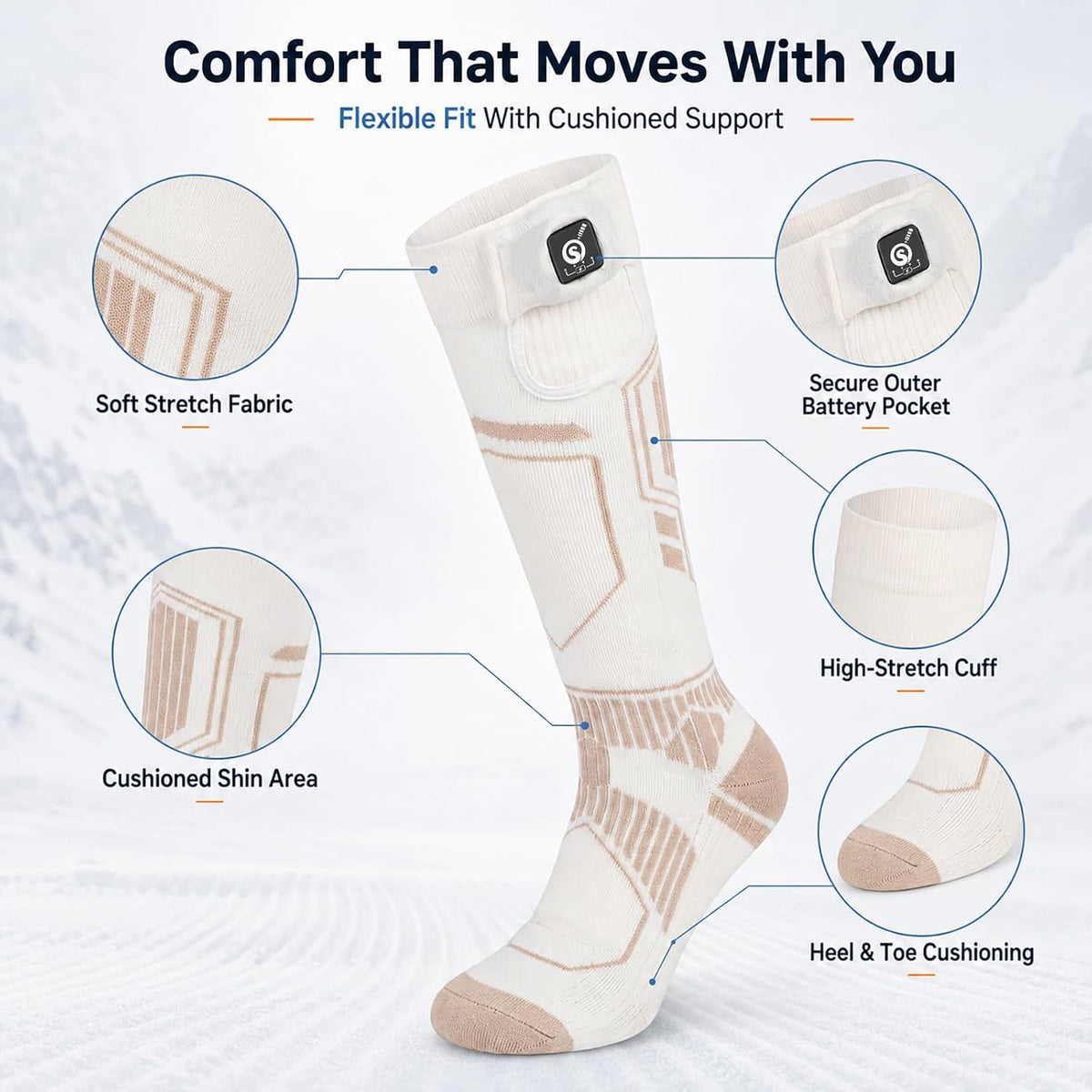 SUN WILL Heated Socks for Men and Women, USB Rechargeable, 3 Heat Levels White X-Large
