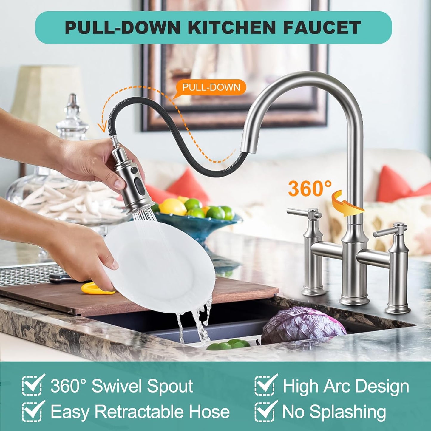 Brushed Nickel Bridge Kitchen Faucet: 3 Holes Kitchen Faucet with Pull Down Sprayer - Two Handles 8 Inch Centerset Kitchen Sink F