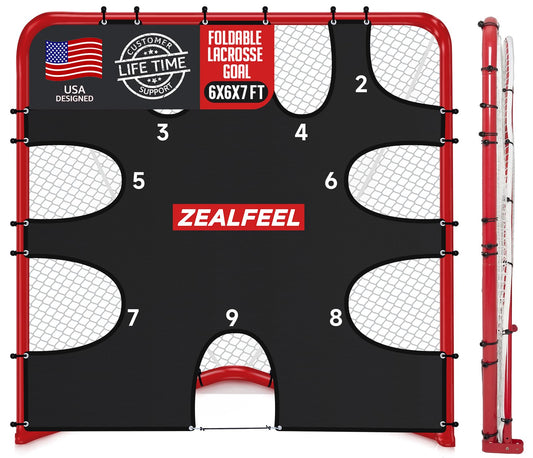 Lacrosse Goal 6x6x7Ft, Foldable Lacrosse Training Net with 9-Zone Target for Accuracy Practice, Heavy-Duty Steel Frame & Tear-Resistant Netting, Backyard Shooting Practice for Teens & Adults