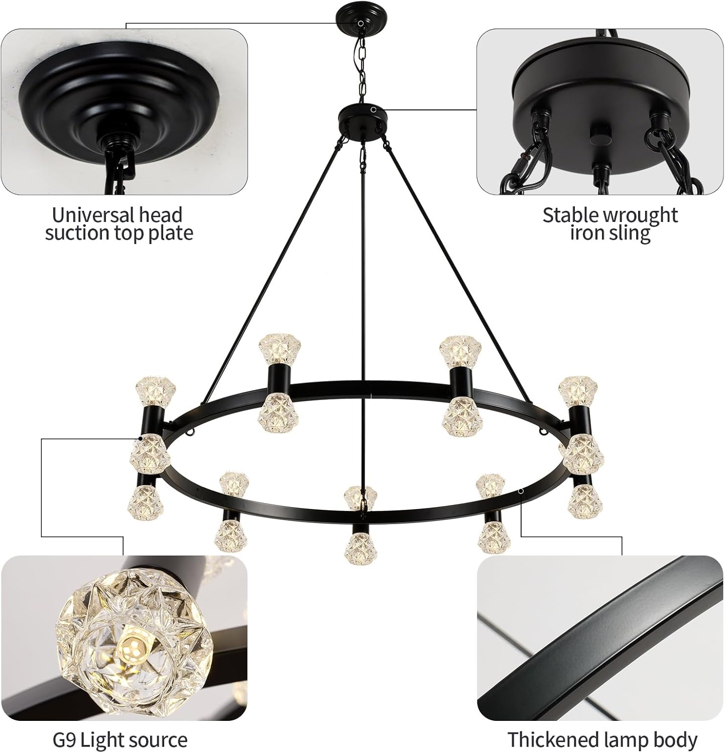 WOGON WEEL Wagon Wheel Chandelier LED 18-Light 39 Inch, Crystal G9 Light Black Modern Farmhouse Chandelier Extra Large for High Ceilings, Living Room