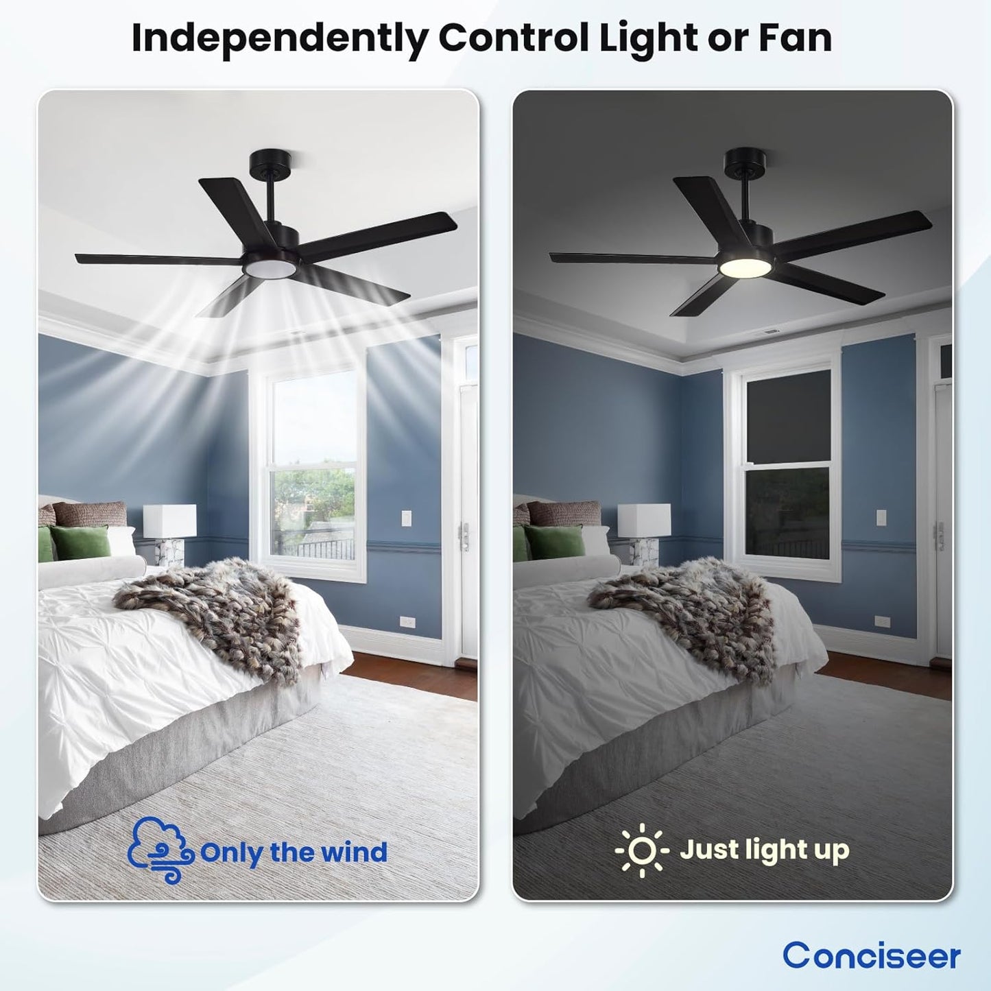 Conciseer Morden Ceiling Fans with Lights,52 Inch Ceiling Fans with Remote for Bedroom Living Room Kitchen, 5 Blades 6 Speed Reversible Quiet DC